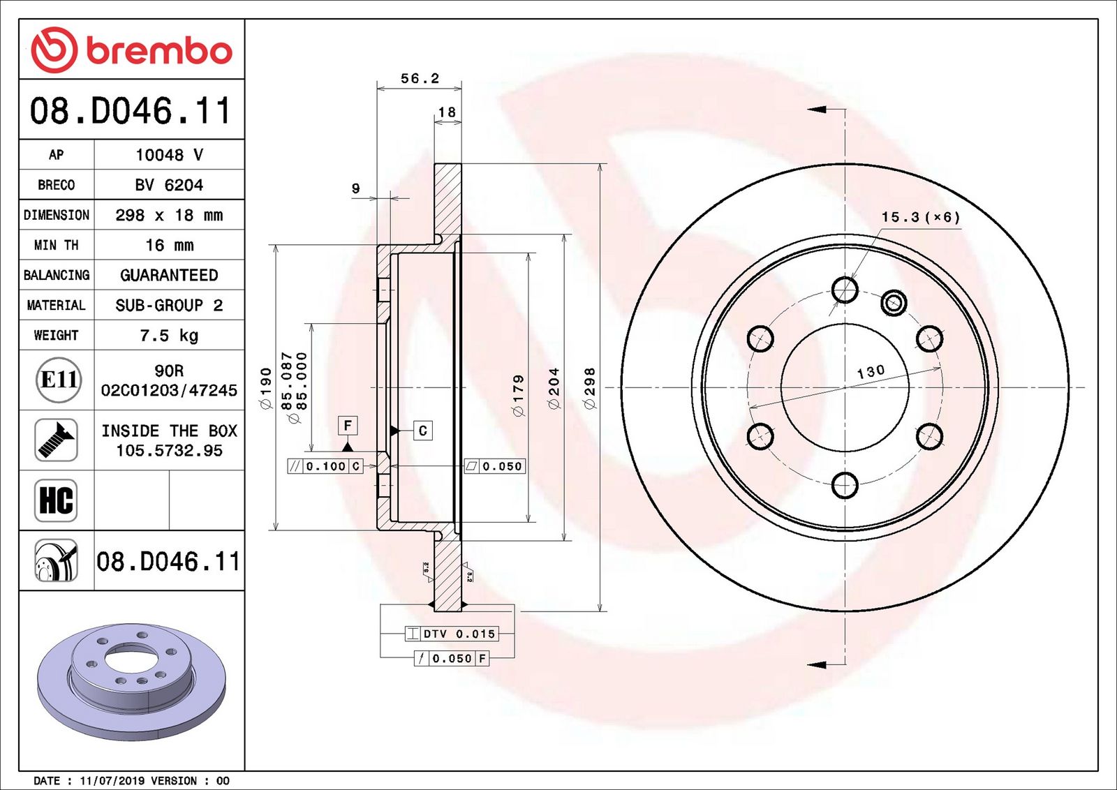 BREMBO 08.D046.11 - Bremsscheibe