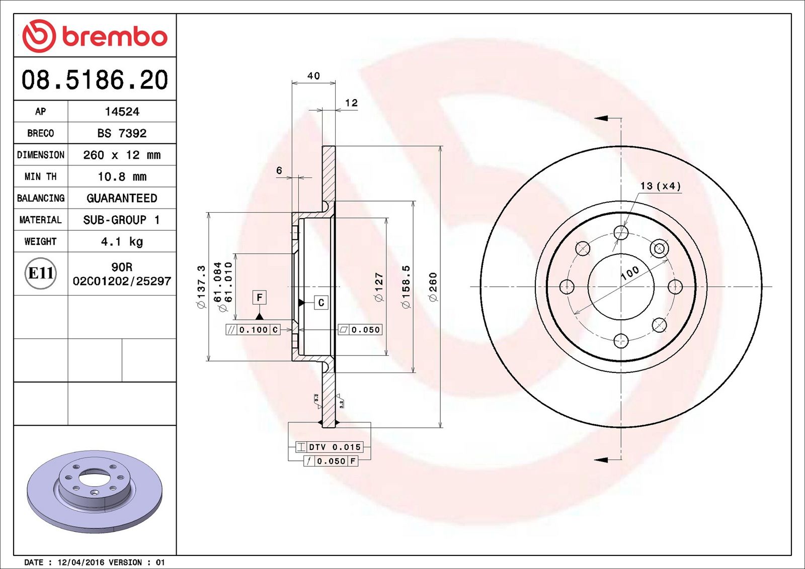 BREMBO 08.5186.20 - Bremsscheibe
