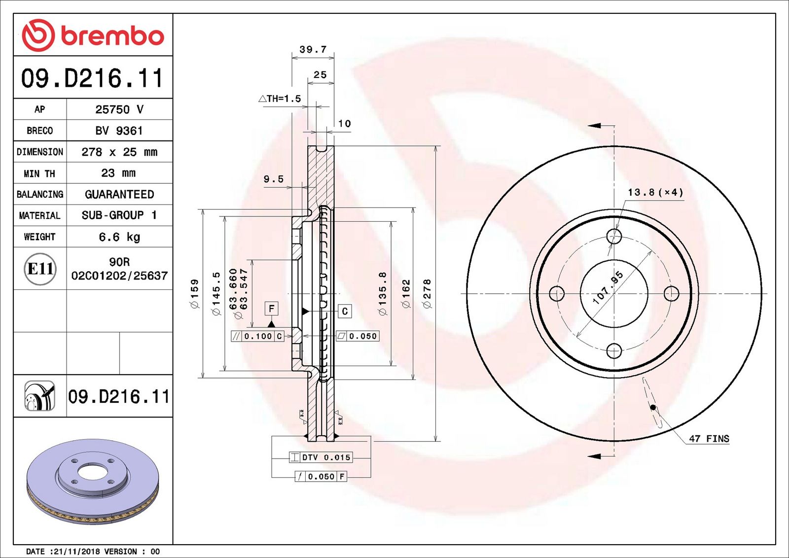 BREMBO 09.D216.11 - Bremsscheibe