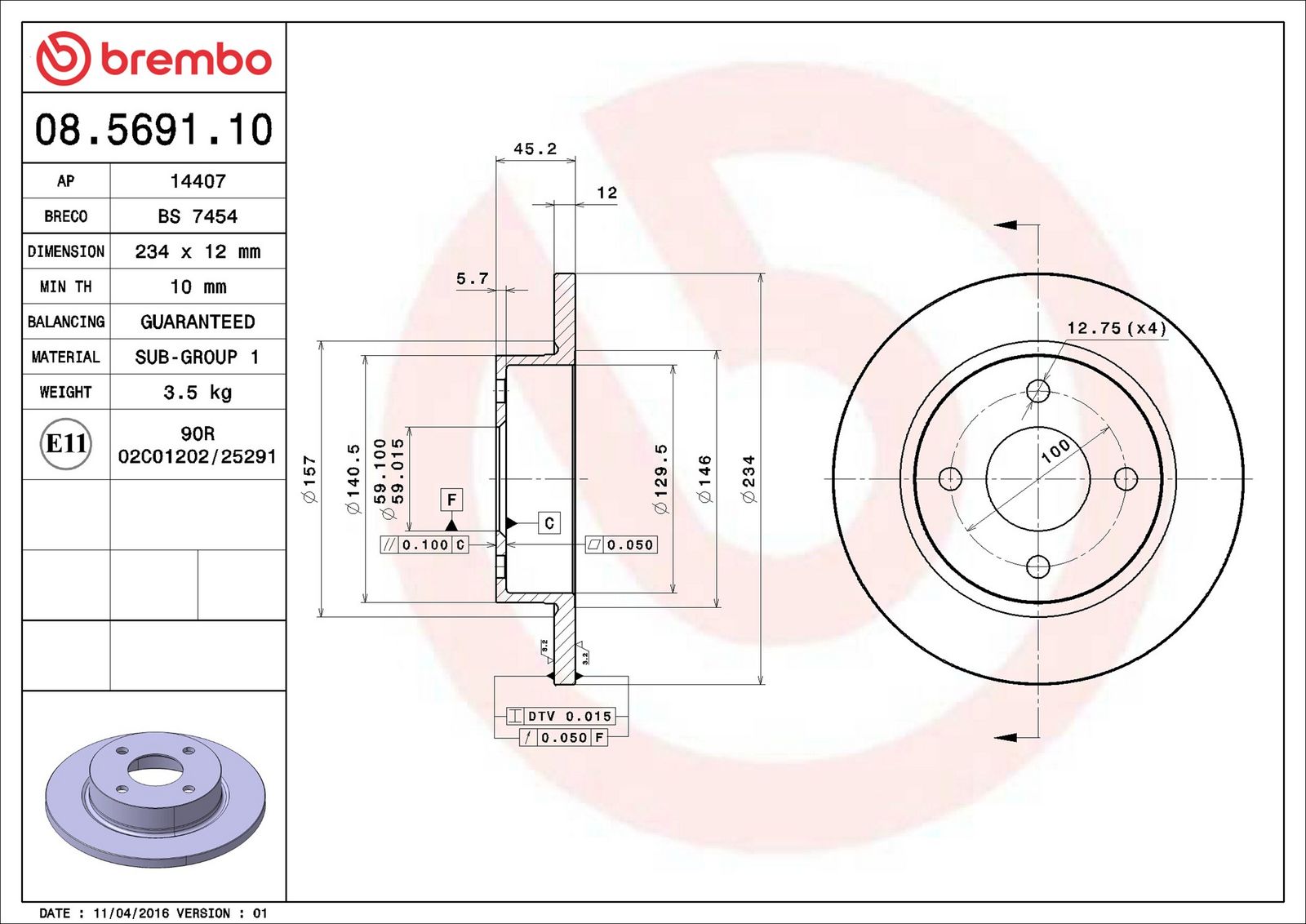 BREMBO 08.5691.10 - Bremsscheibe