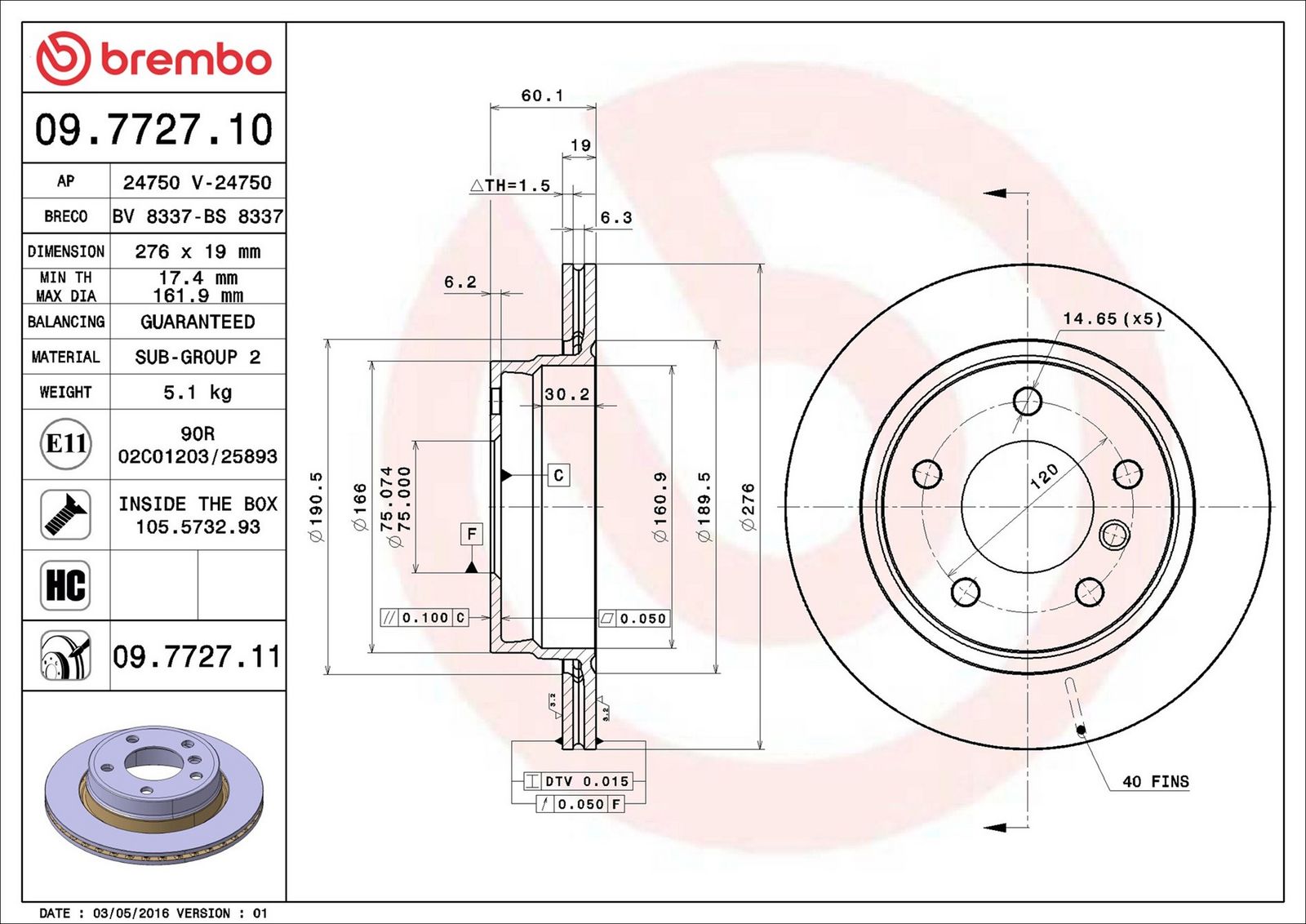 BREMBO 09.7727.11 - Bremsscheibe