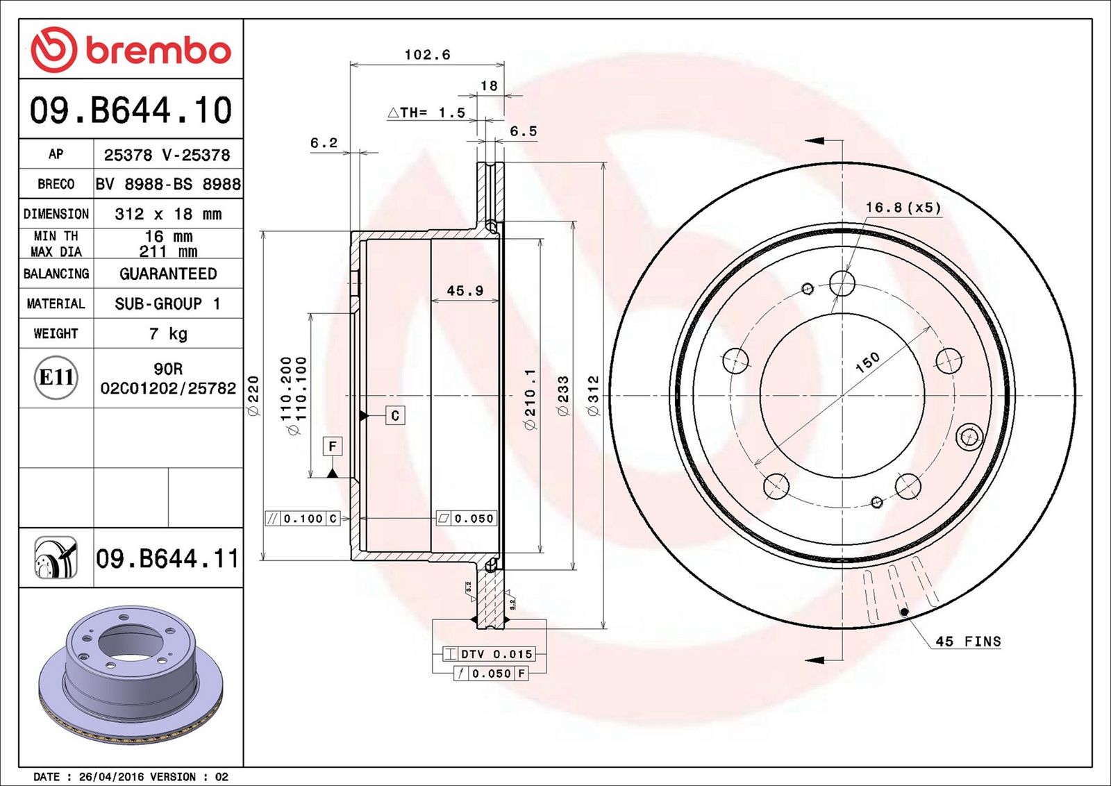 BREMBO 09.B644.11 - Bremsscheibe