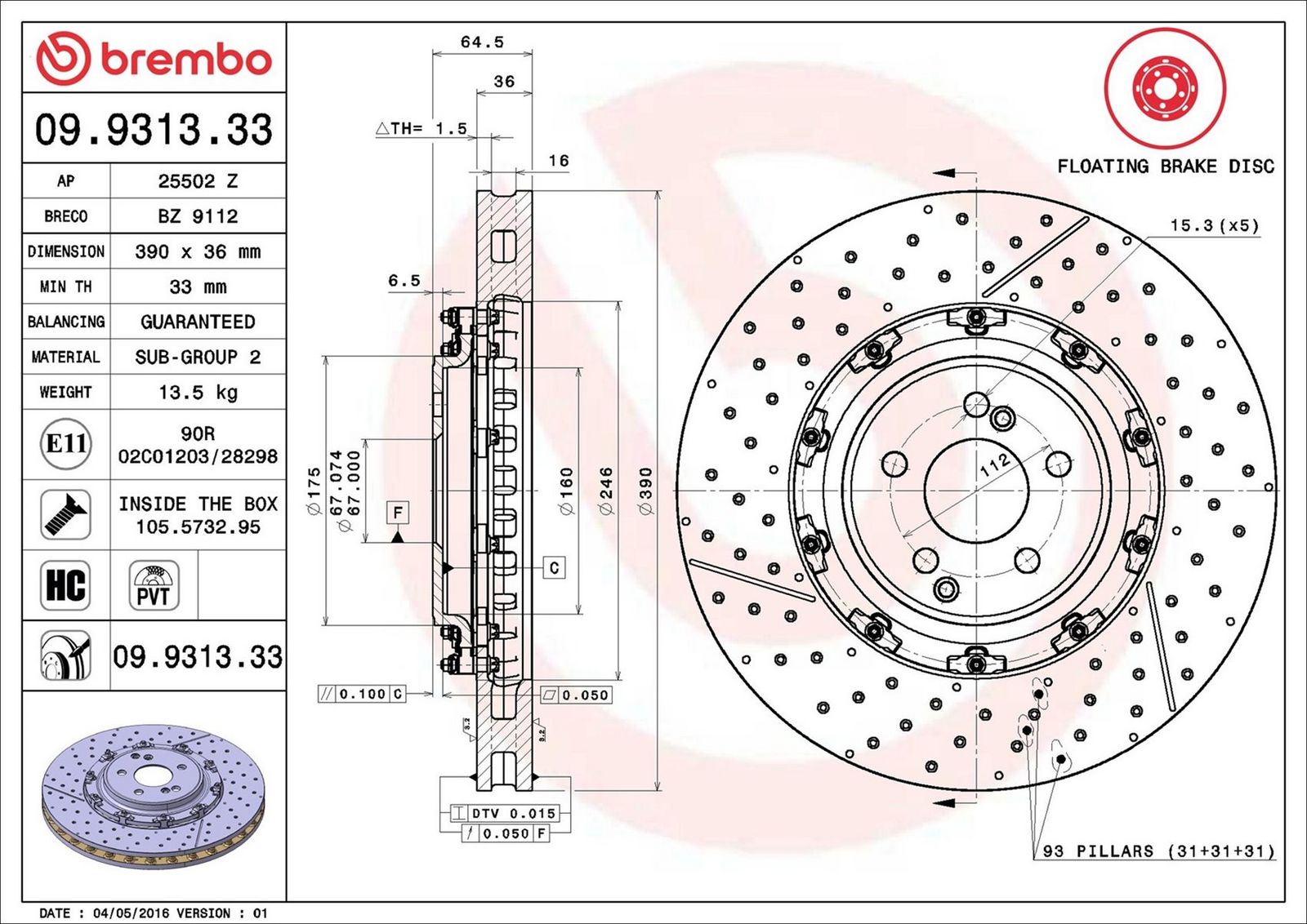 BREMBO 09.9313.33 - Bremsscheibe