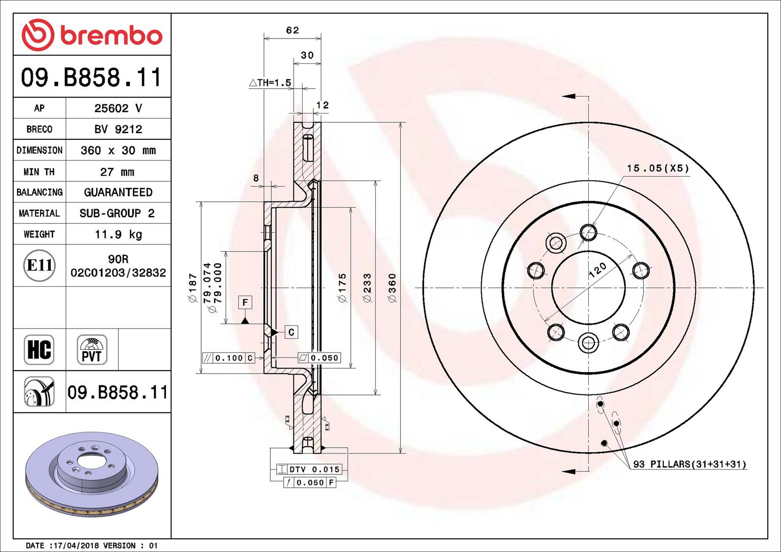 BREMBO 09.B858.11 - Bremsscheibe