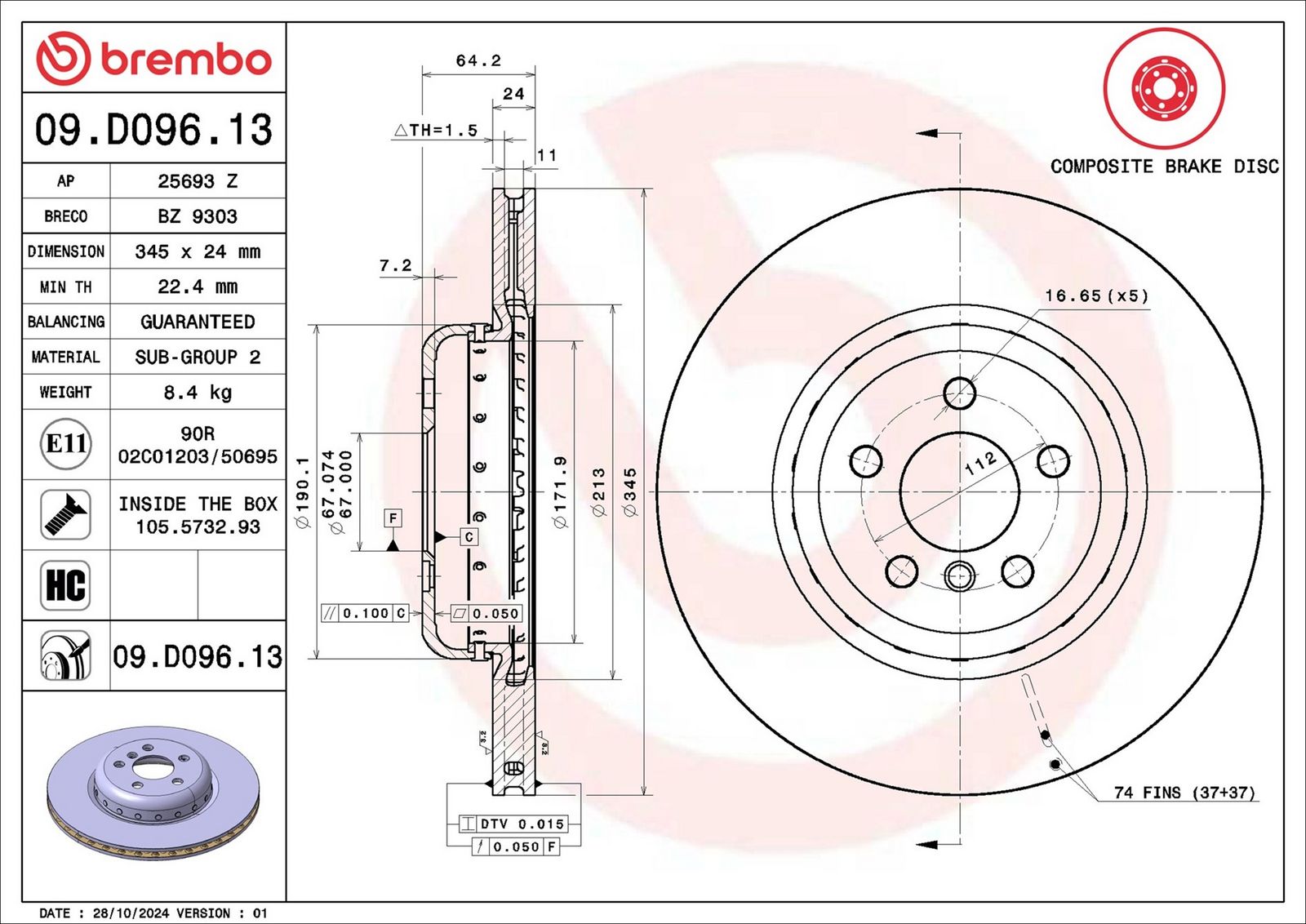 BREMBO 09.D096.13 - Bremsscheibe