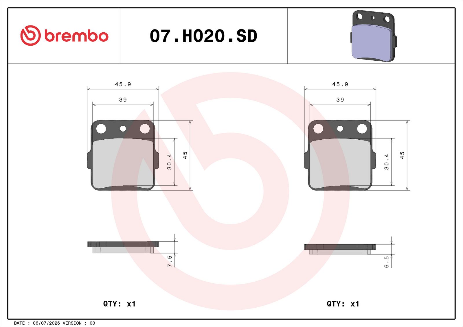 BREMBO 07HO20SD - Bremsbelagsatz, Scheibenbremse
