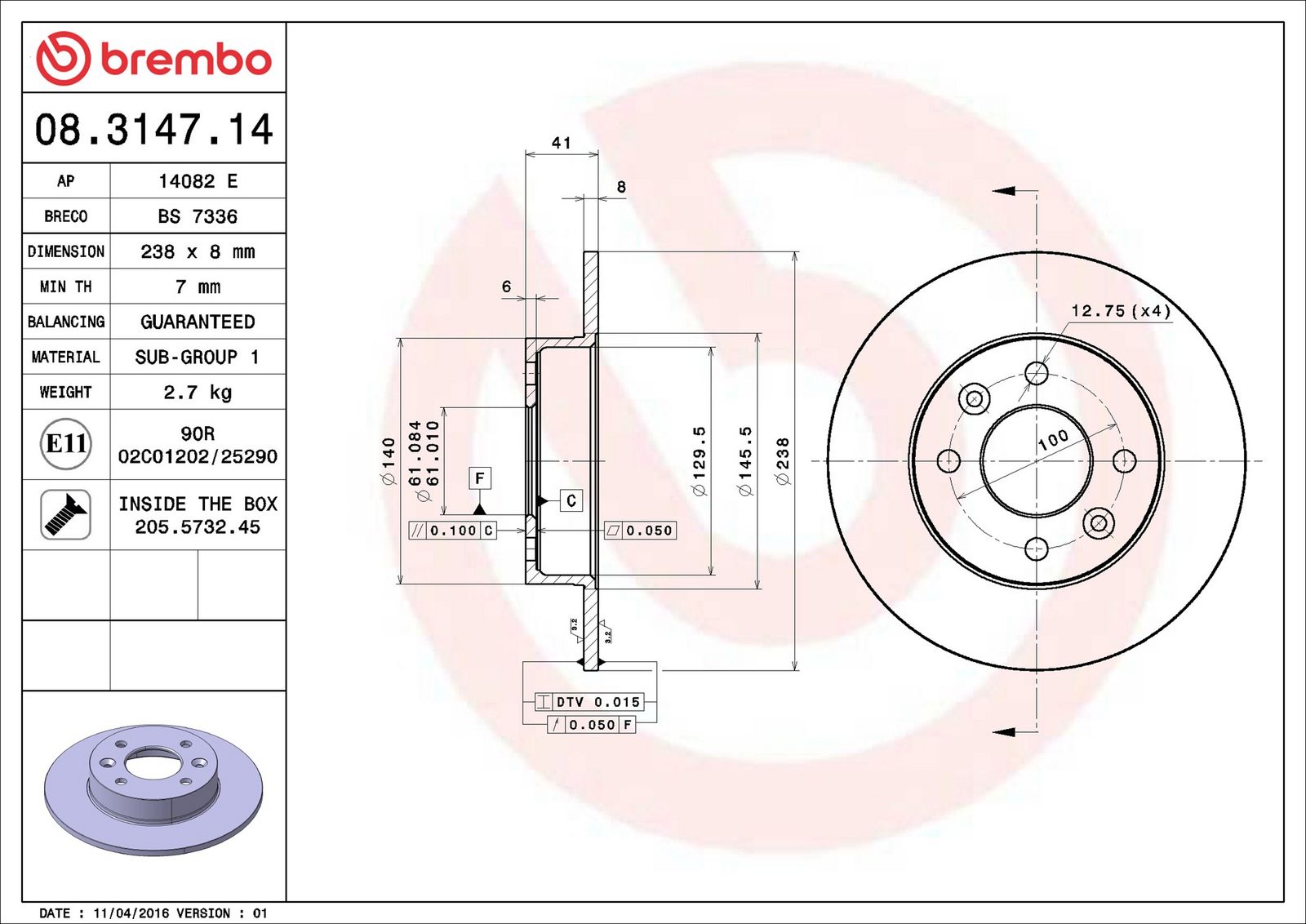 BREMBO 08.3147.14 - Bremsscheibe