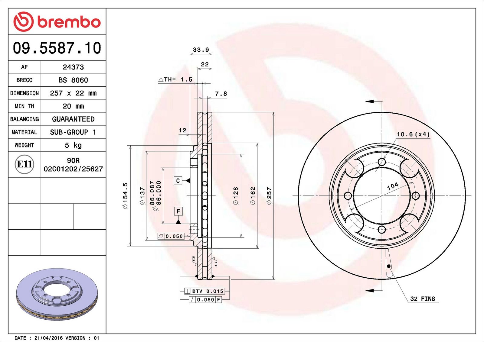 BREMBO 09.5587.10 - Bremsscheibe