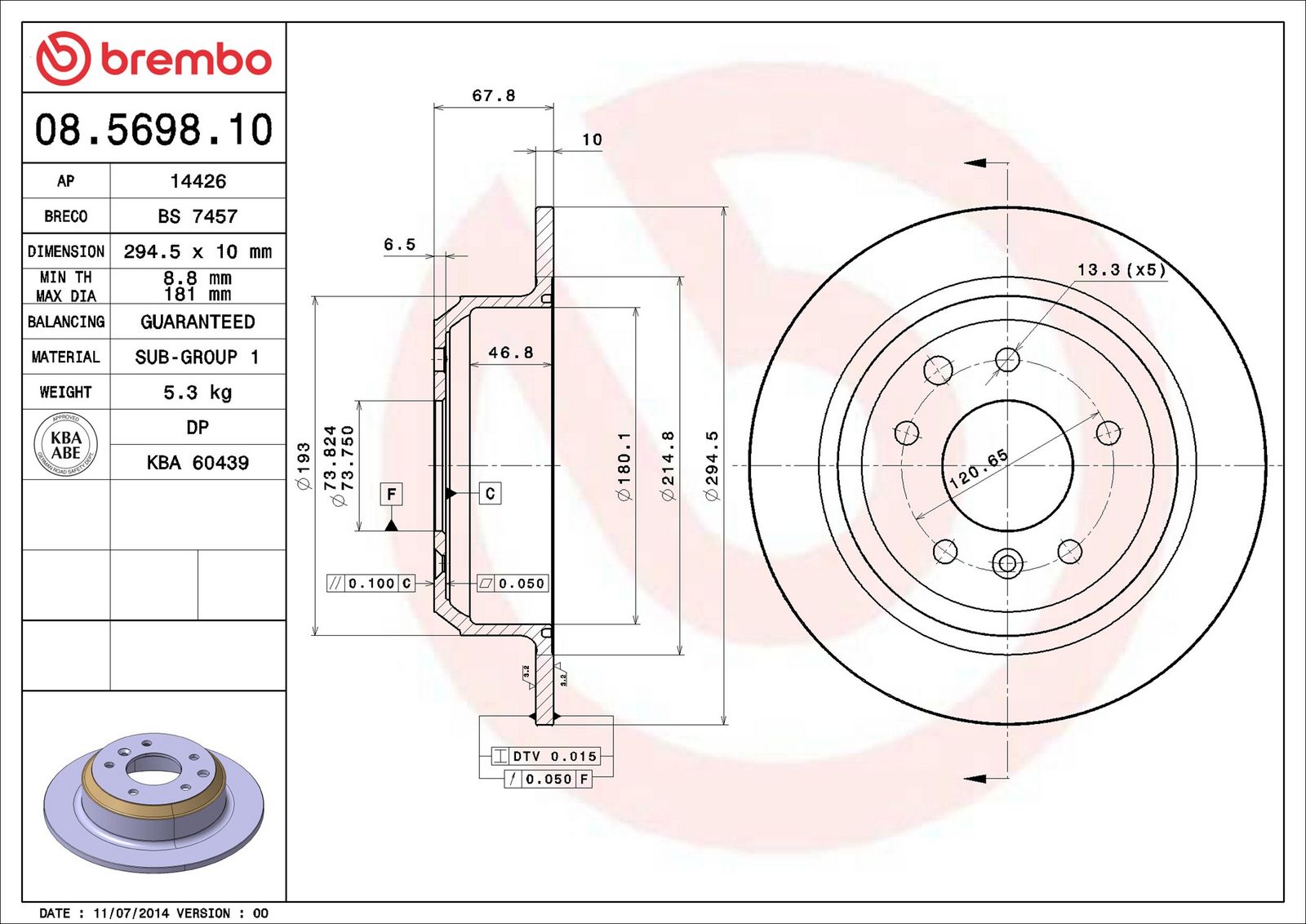 BREMBO 08.5698.10 - Bremsscheibe
