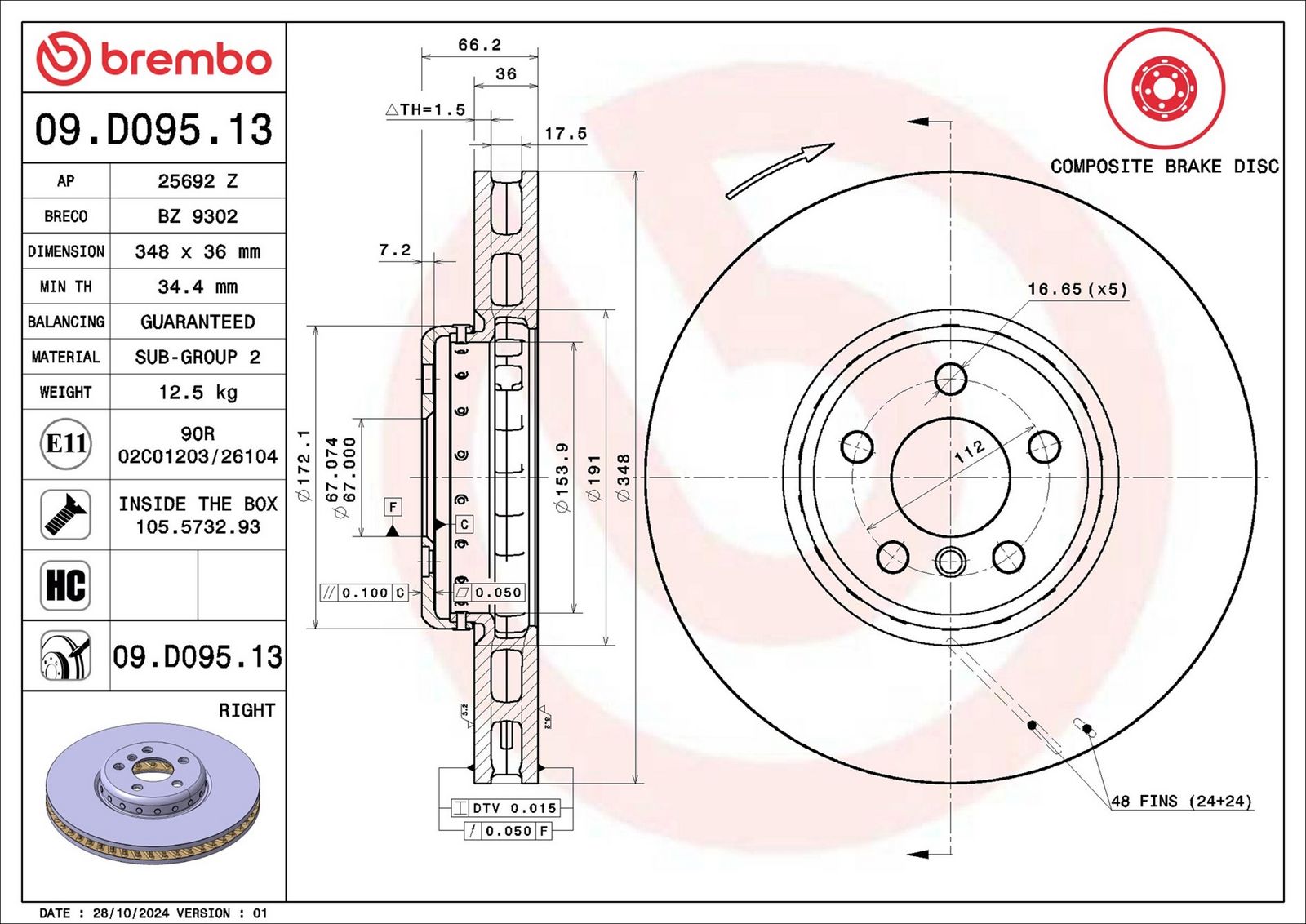 BREMBO 09.D095.13 - Bremsscheibe