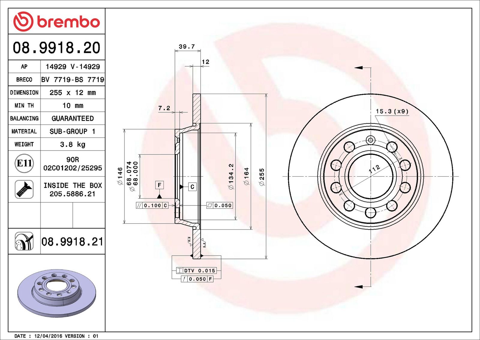 BREMBO 08.9918.21 - Bremsscheibe
