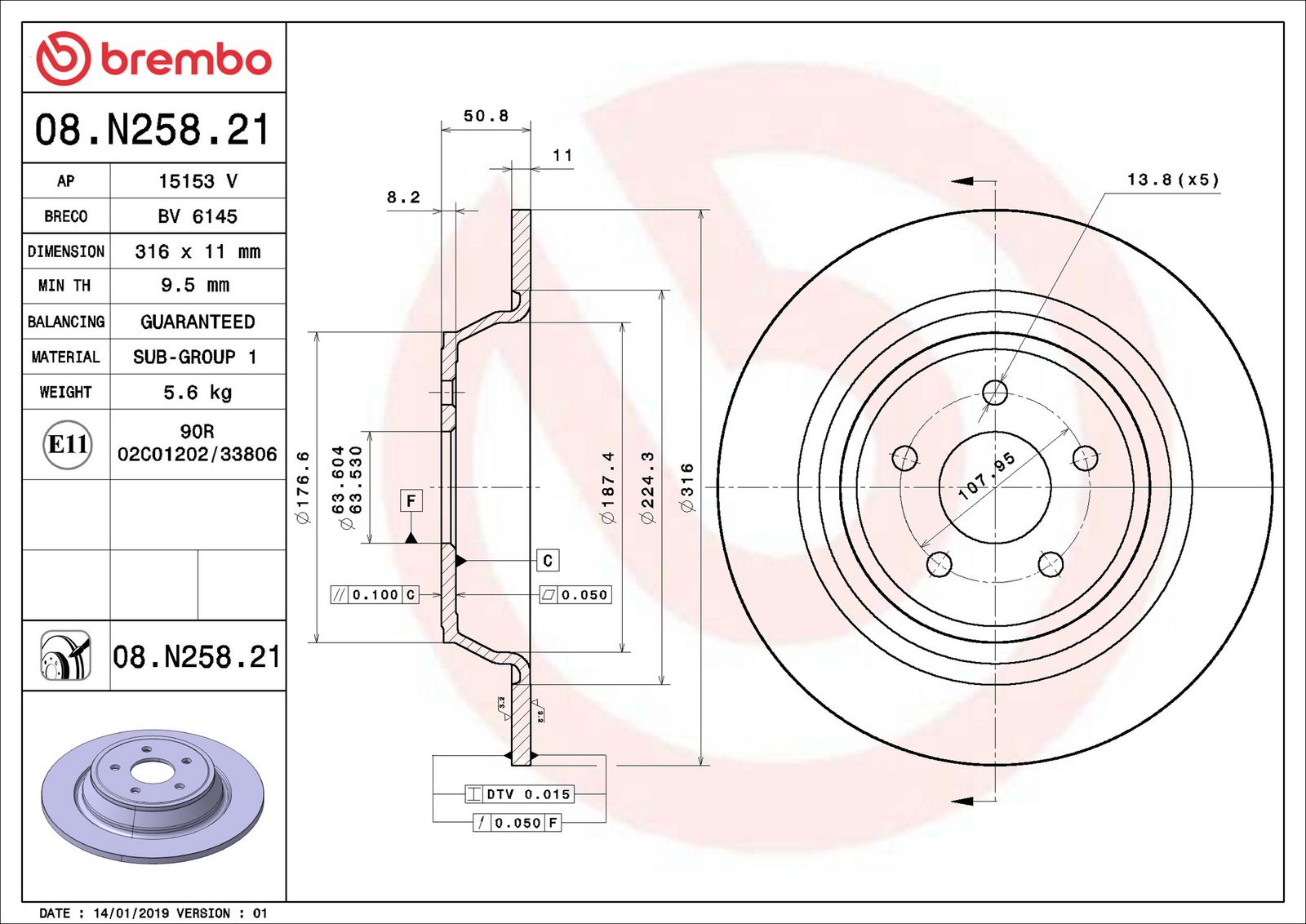 BREMBO 08.N258.21 - Bremsscheibe