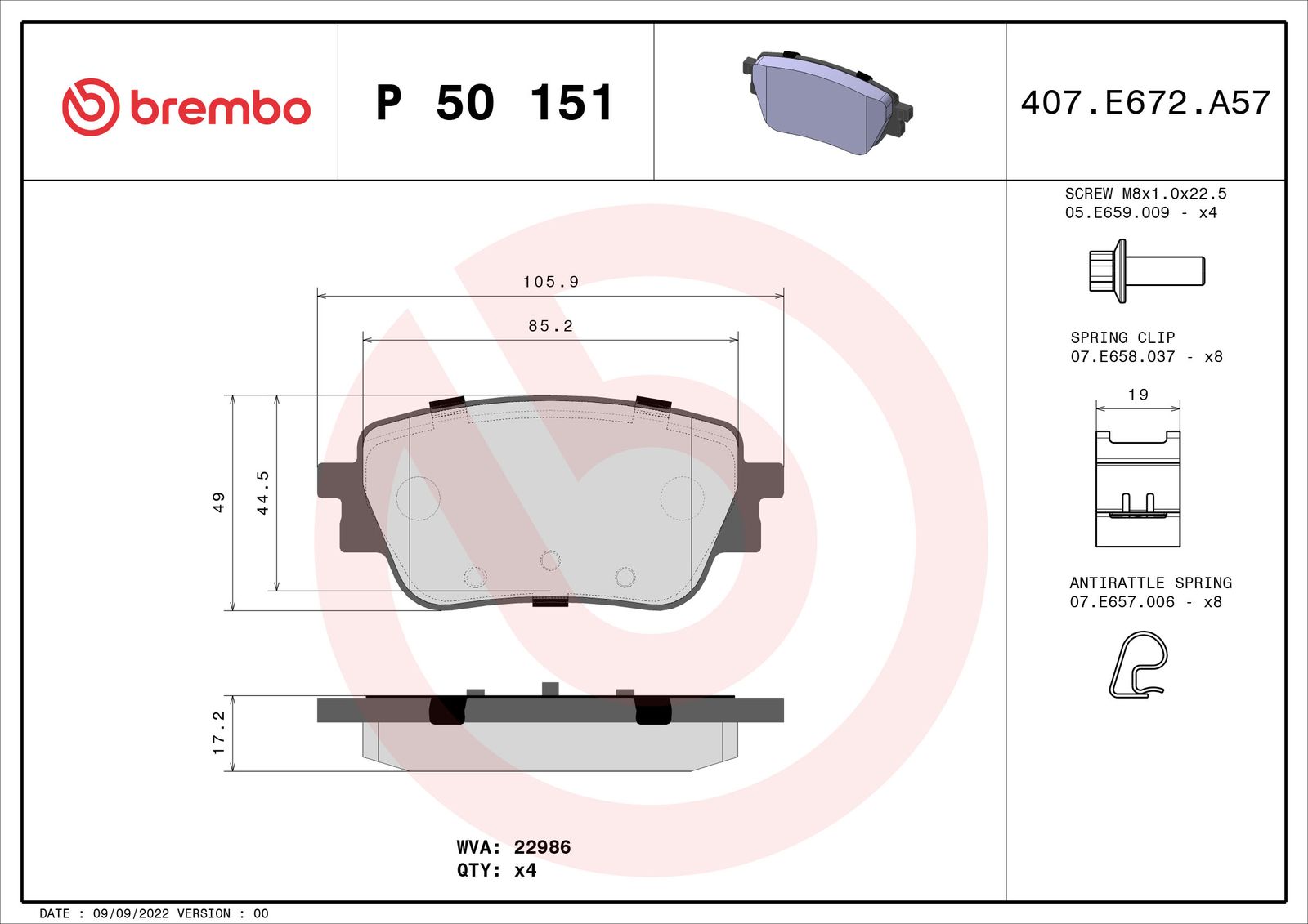 BREMBO P 50 151 - Bremsbelagsatz, Scheibenbremse