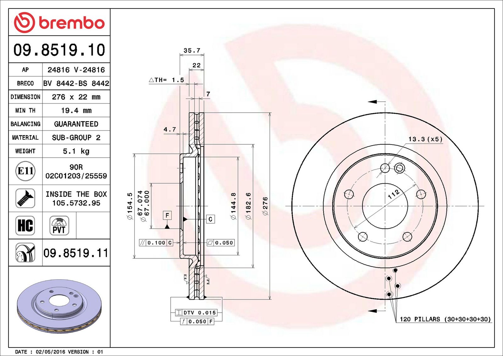 BREMBO 09.8519.11 - Bremsscheibe