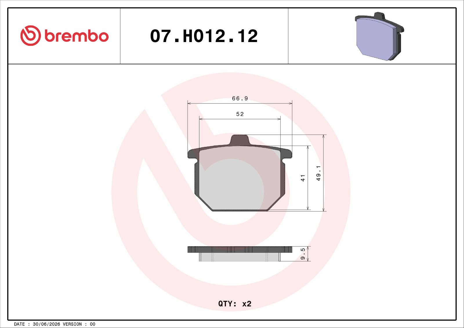 BREMBO 07HO1212 - Bremsbelagsatz, Scheibenbremse