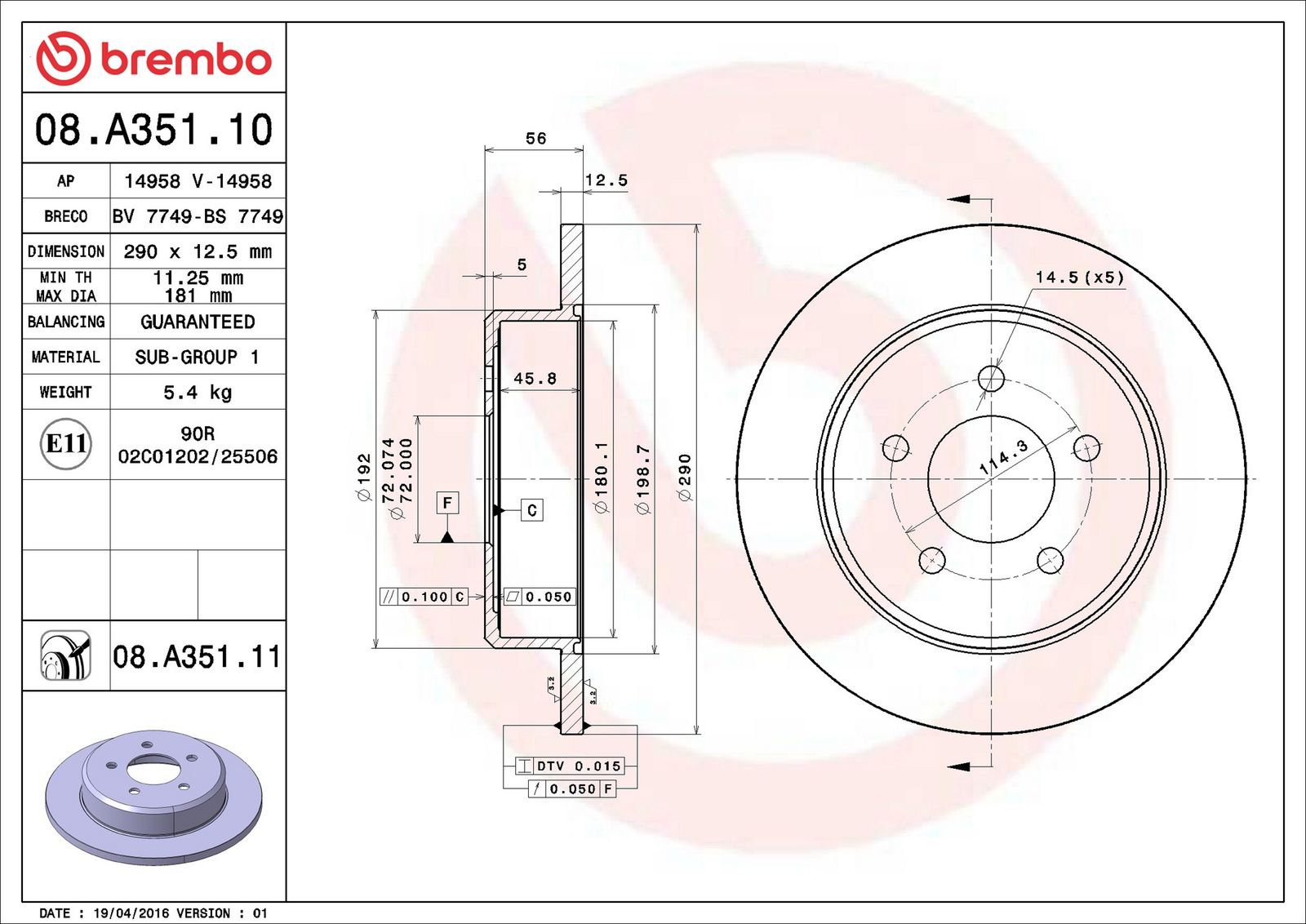 BREMBO 08.A351.11 - Bremsscheibe