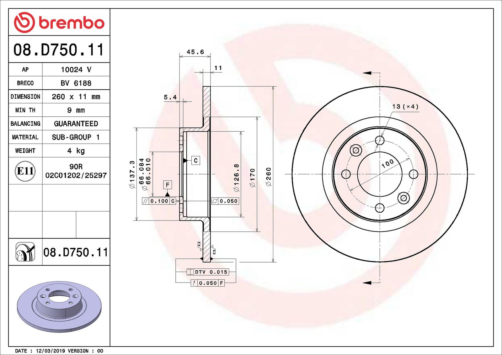 BREMBO 08.D750.11 - Bremsscheibe