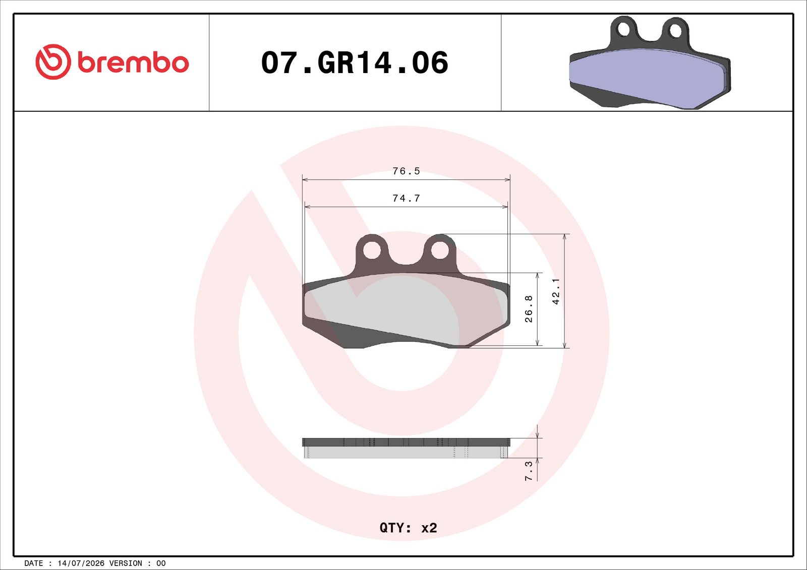 BREMBO 07GR1406 - Bremsbelagsatz, Scheibenbremse