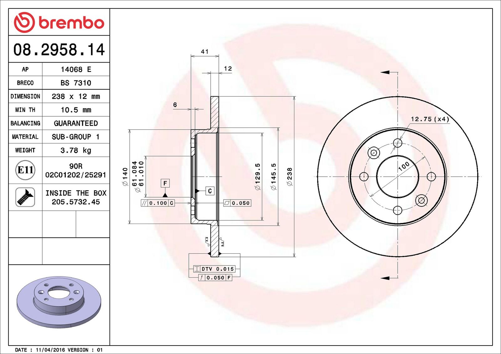 BREMBO 08.2958.14 - Bremsscheibe