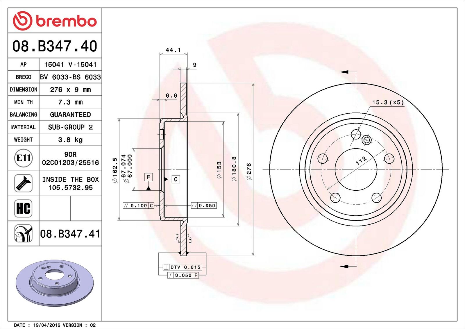 BREMBO 08.B347.41 - Bremsscheibe
