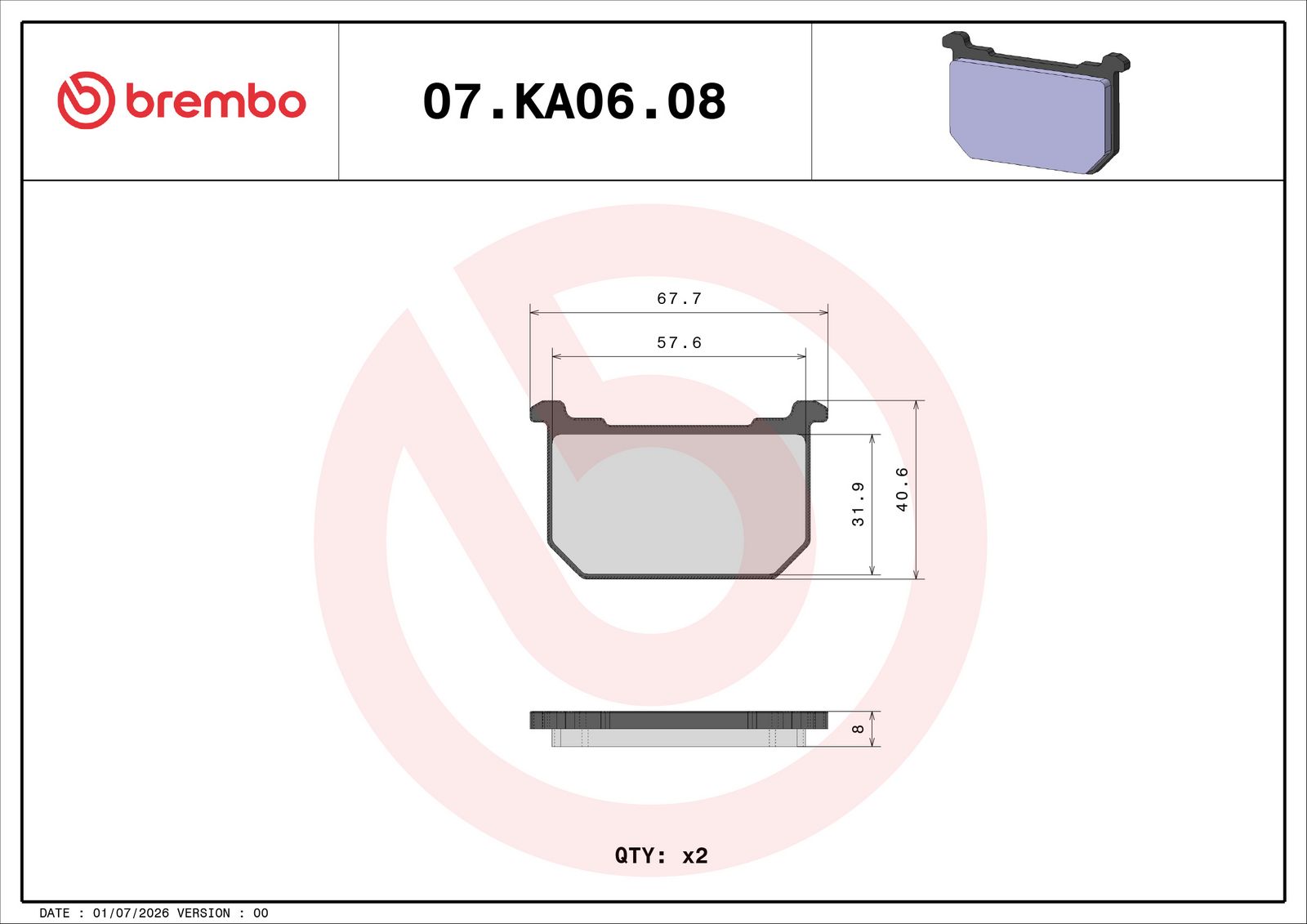 BREMBO 07KA0608 - Bremsbelagsatz, Scheibenbremse
