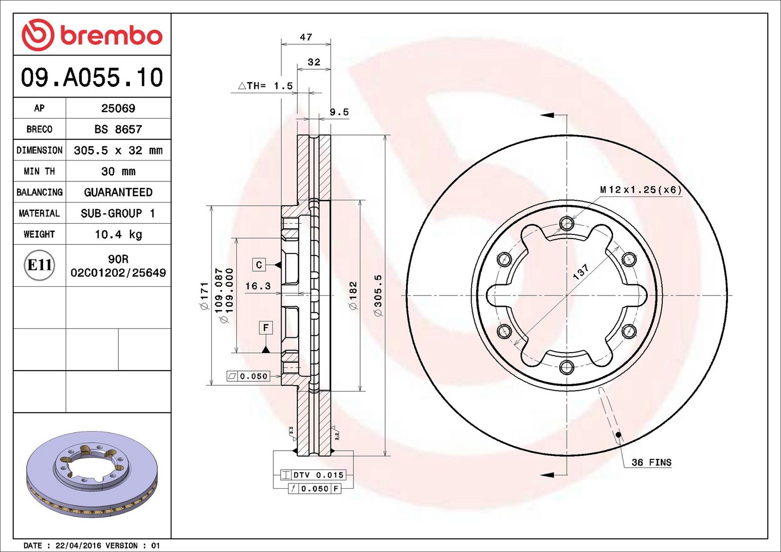 BREMBO 09.A055.10 - Bremsscheibe