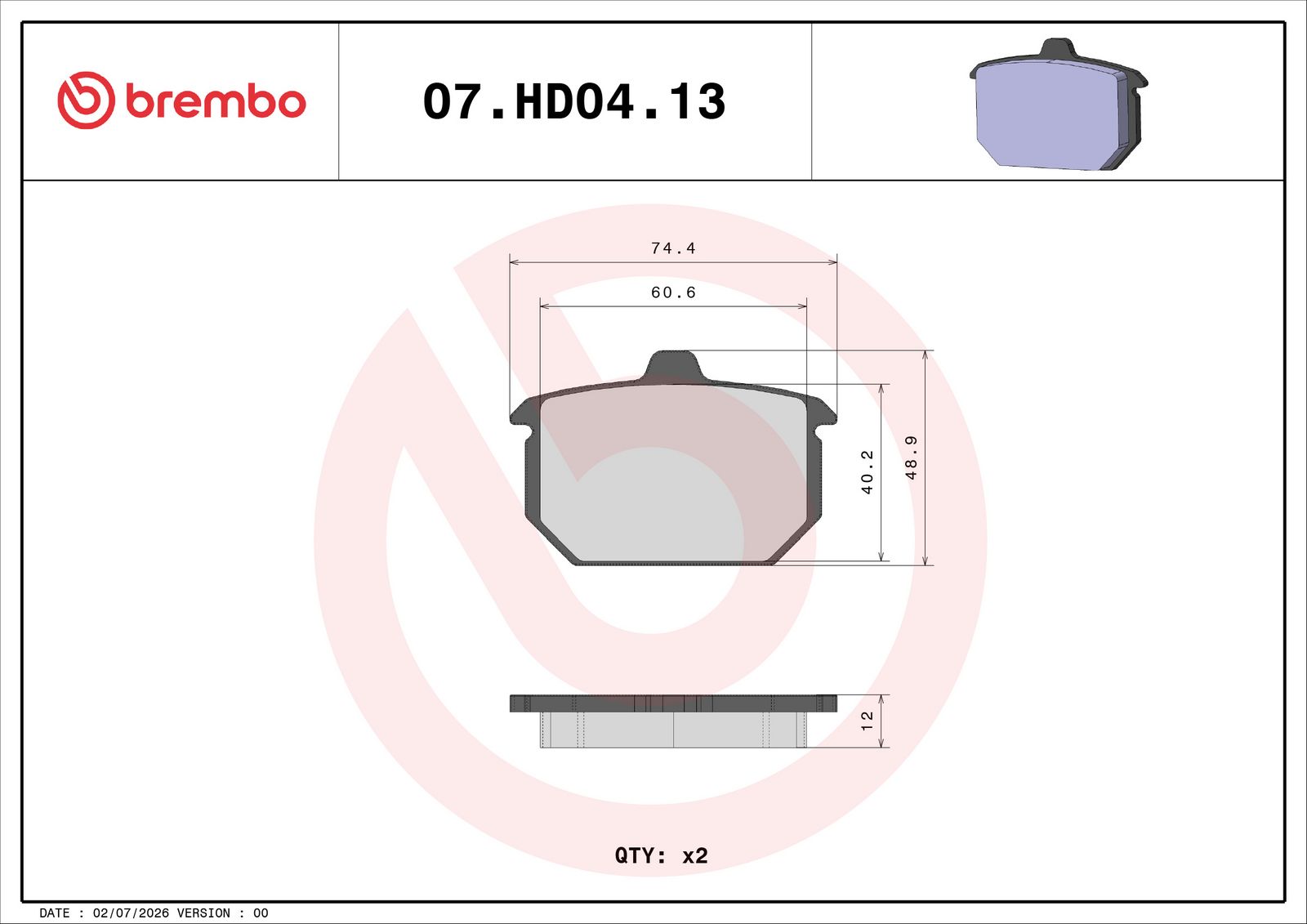 BREMBO 07HD0413 - Bremsbelagsatz, Scheibenbremse