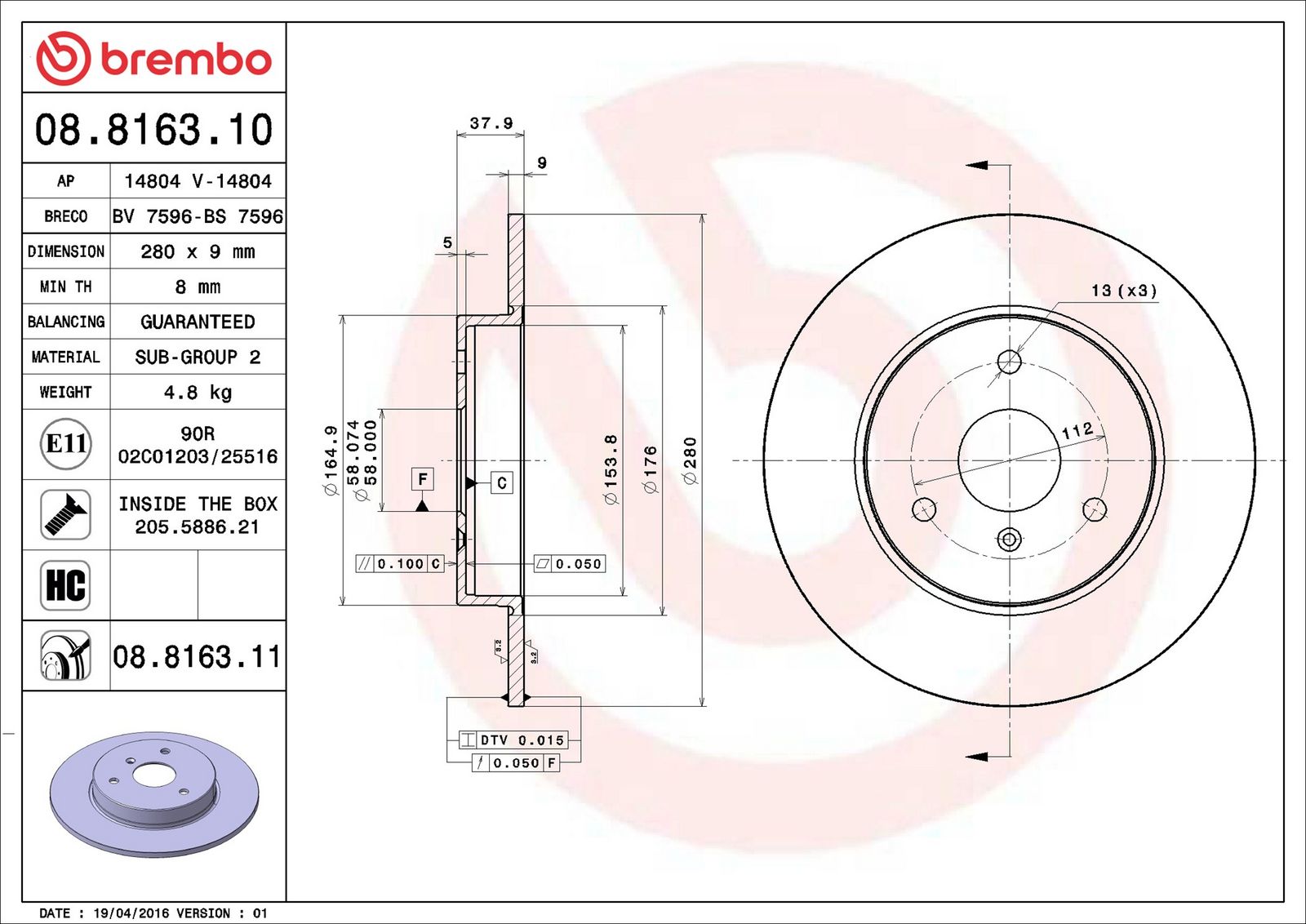 BREMBO 08.8163.11 - Bremsscheibe