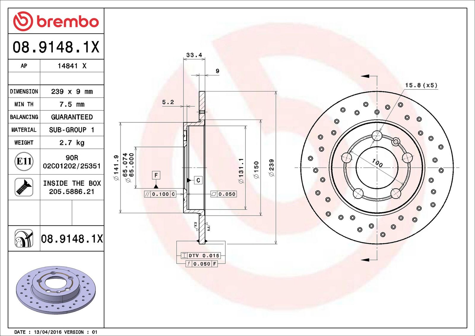 BREMBO 08.9148.1X - Bremsscheibe