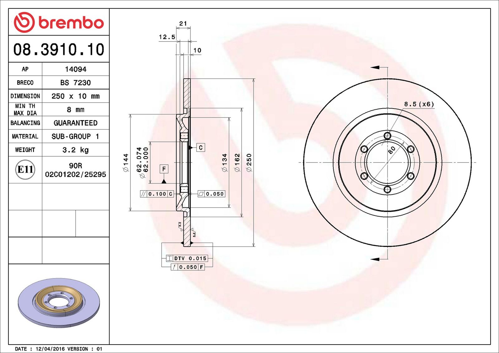 BREMBO 08.3910.10 - Bremsscheibe