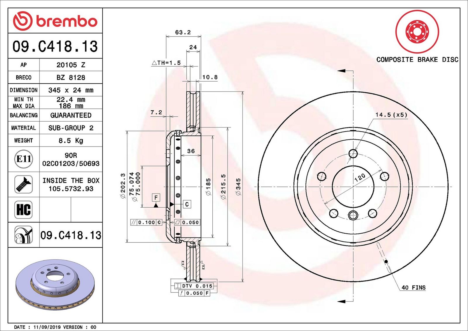 BREMBO 09.C418.13 - Bremsscheibe