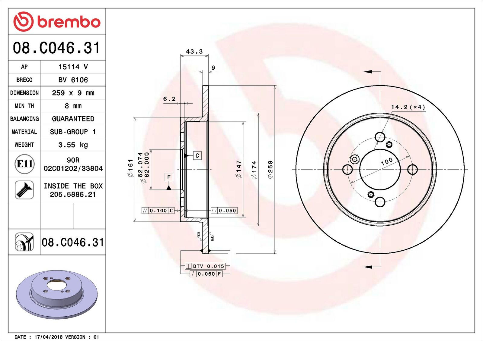 BREMBO 08.C046.31 - Bremsscheibe