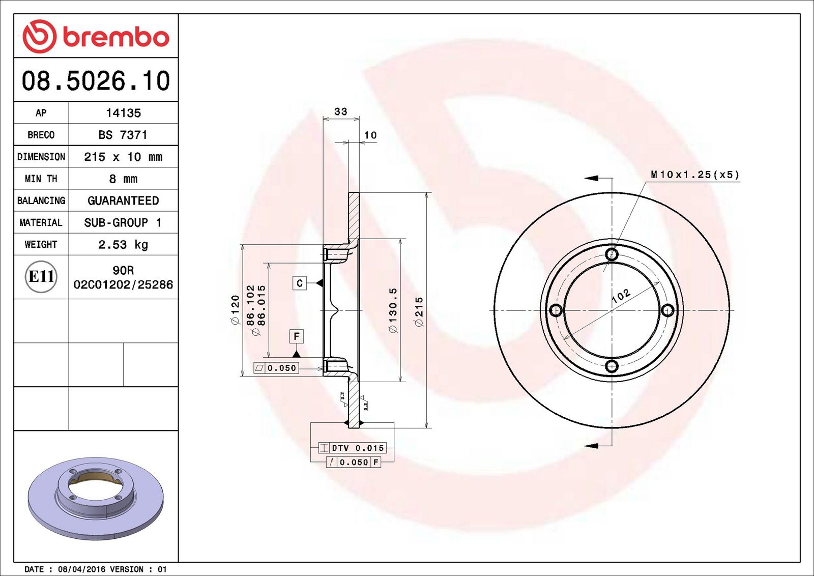 BREMBO 08.5026.10 - Bremsscheibe