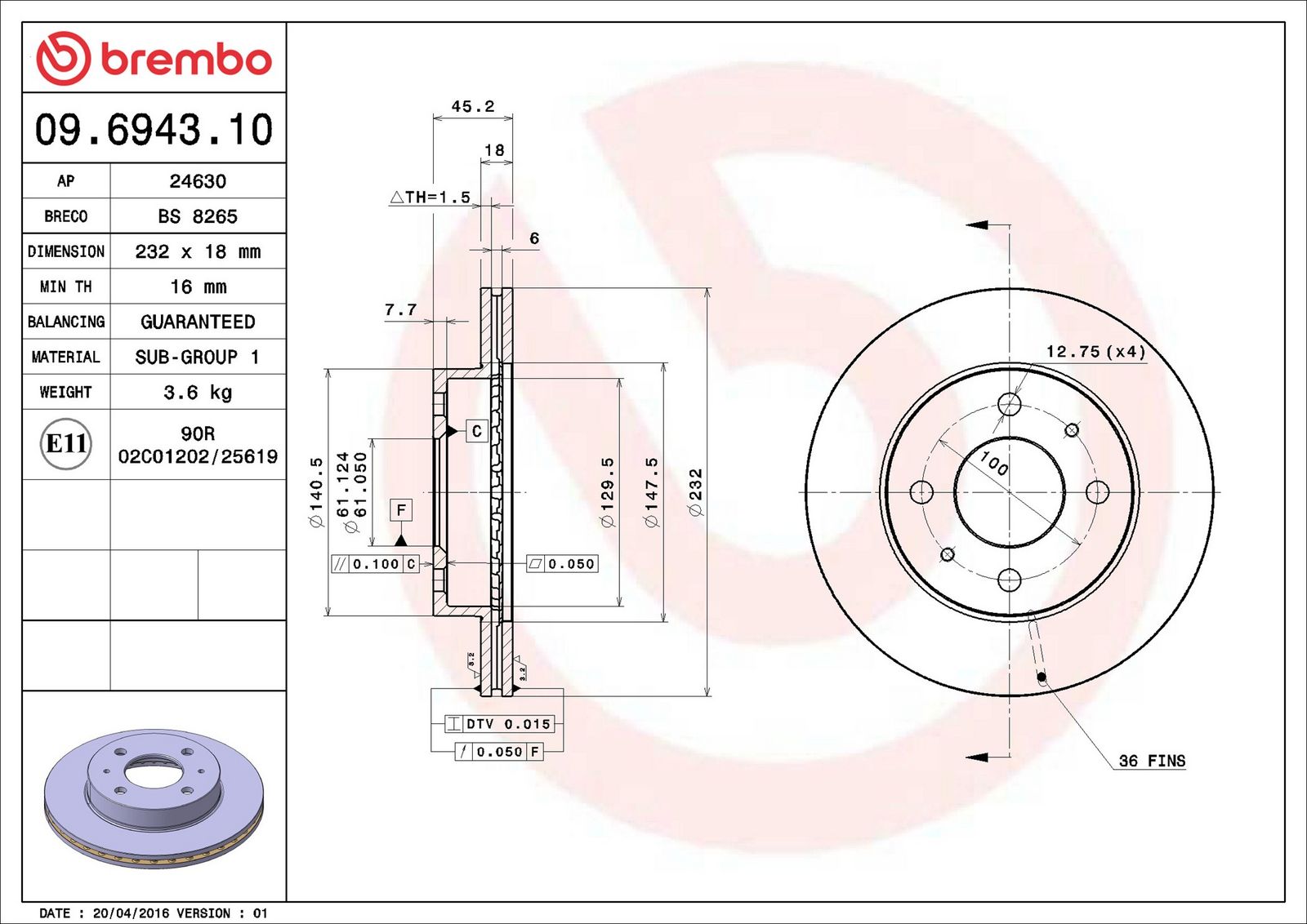 BREMBO 09.6943.10 - Bremsscheibe