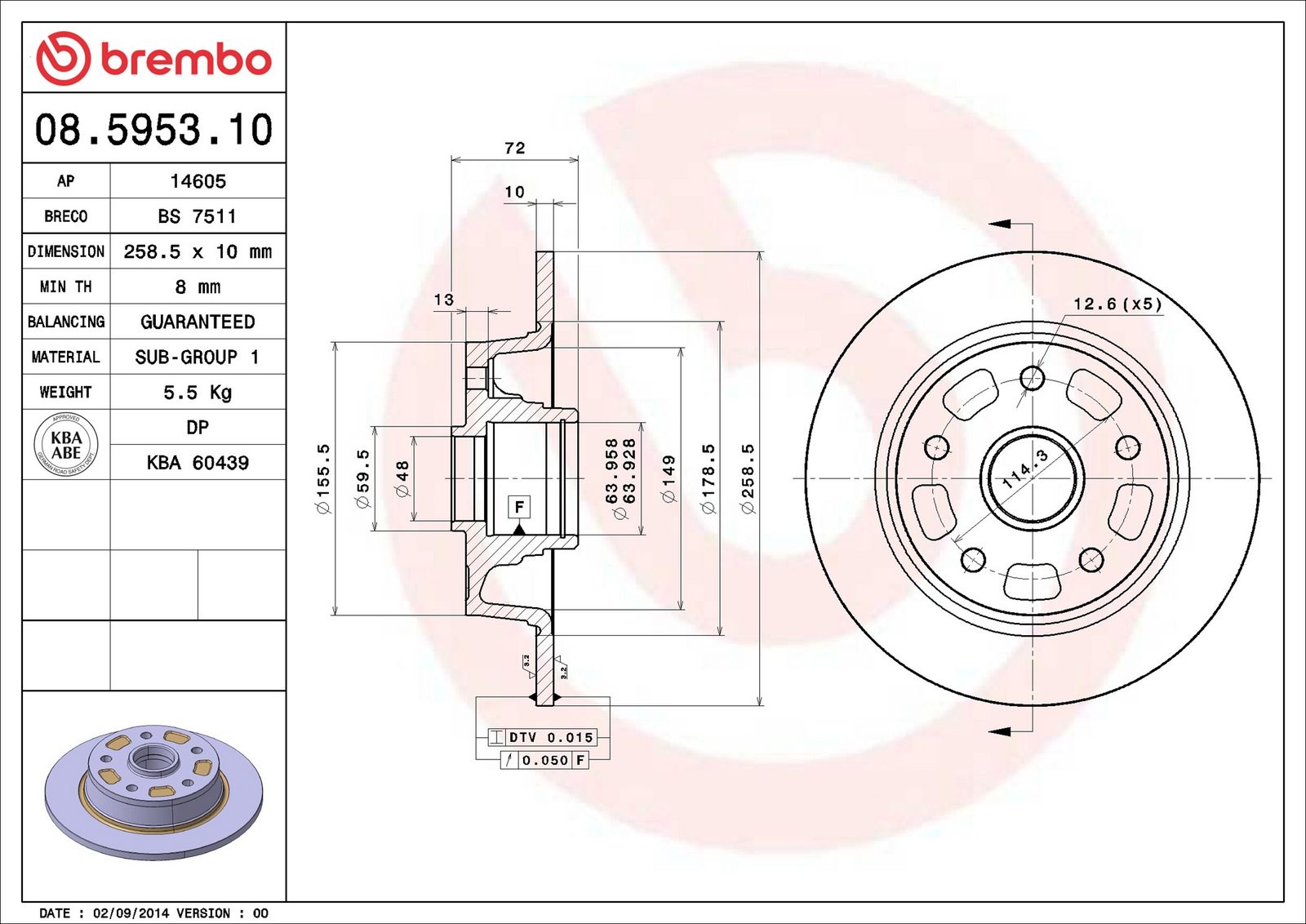 BREMBO 08.5953.10 - Bremsscheibe