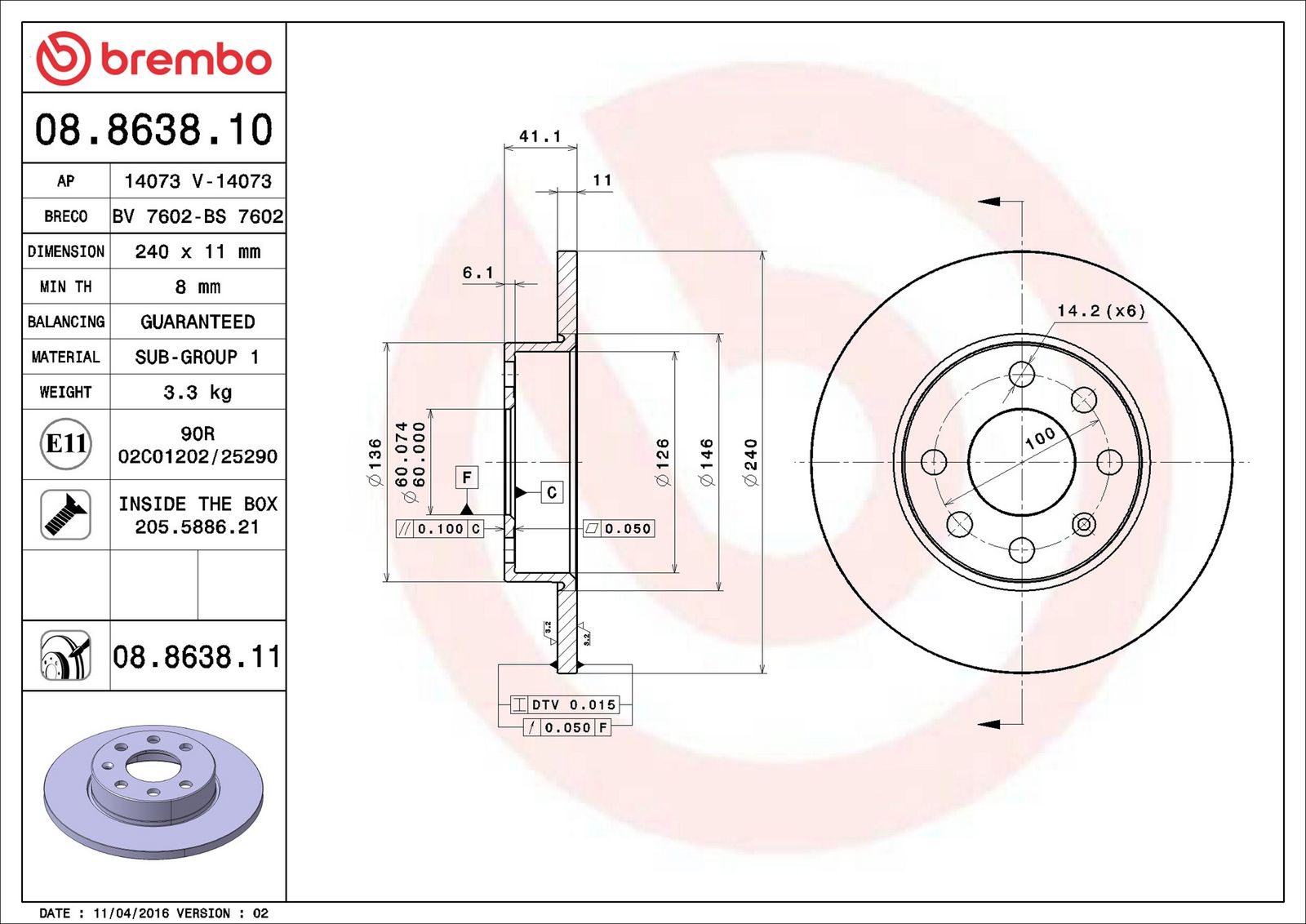 BREMBO 08.8638.11 - Bremsscheibe