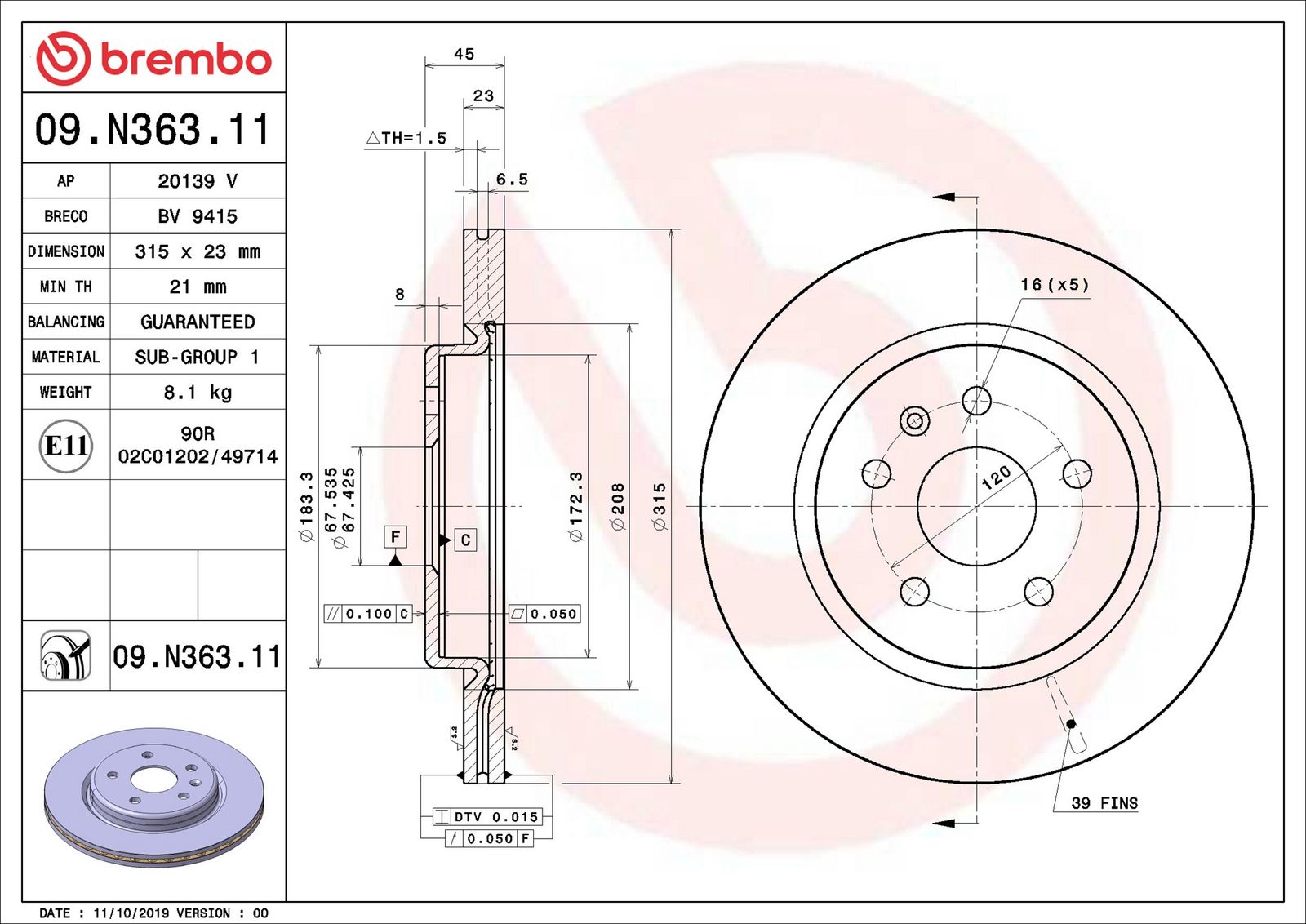BREMBO 09.N363.11 - Bremsscheibe