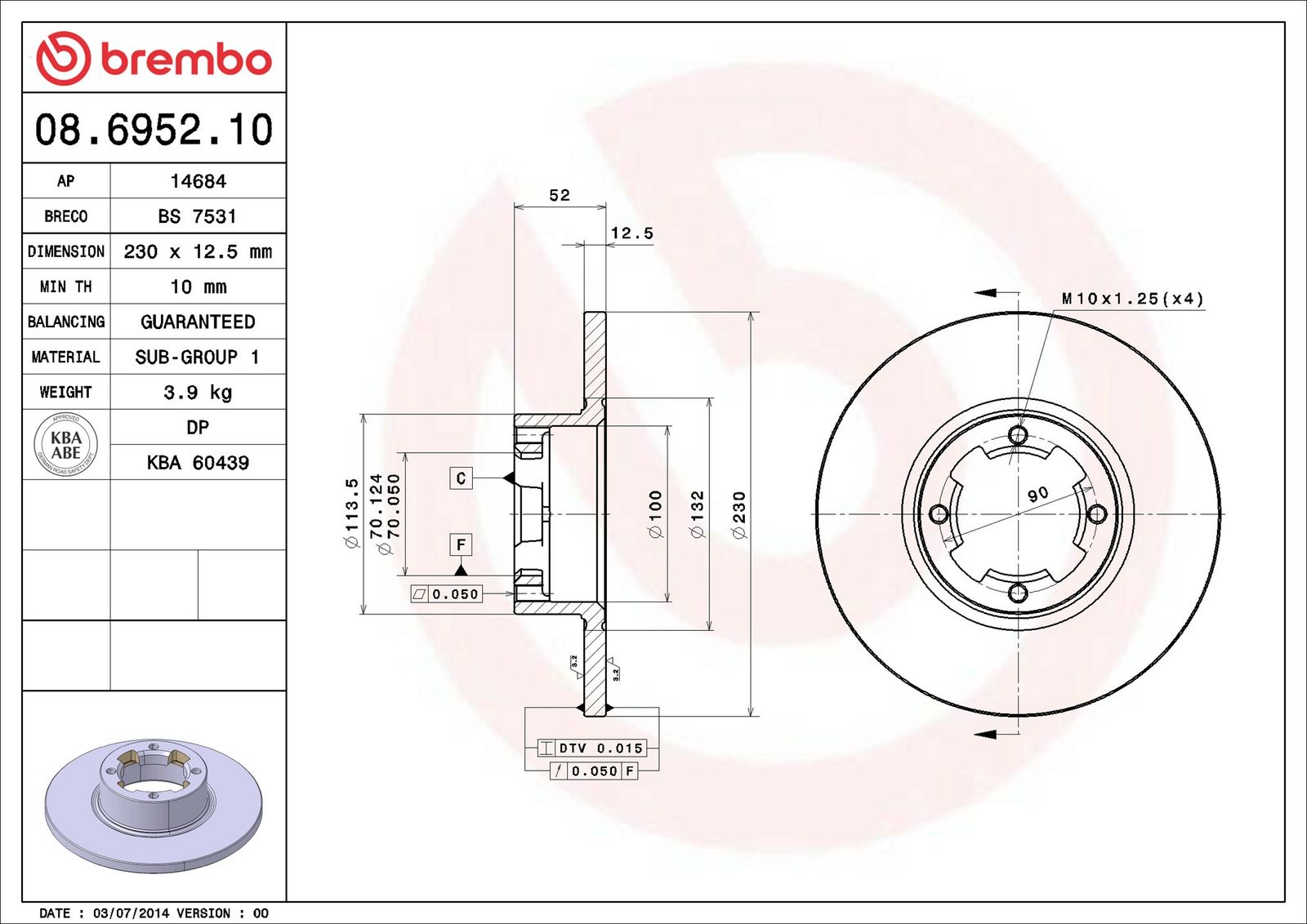 BREMBO 08.6952.10 - Bremsscheibe