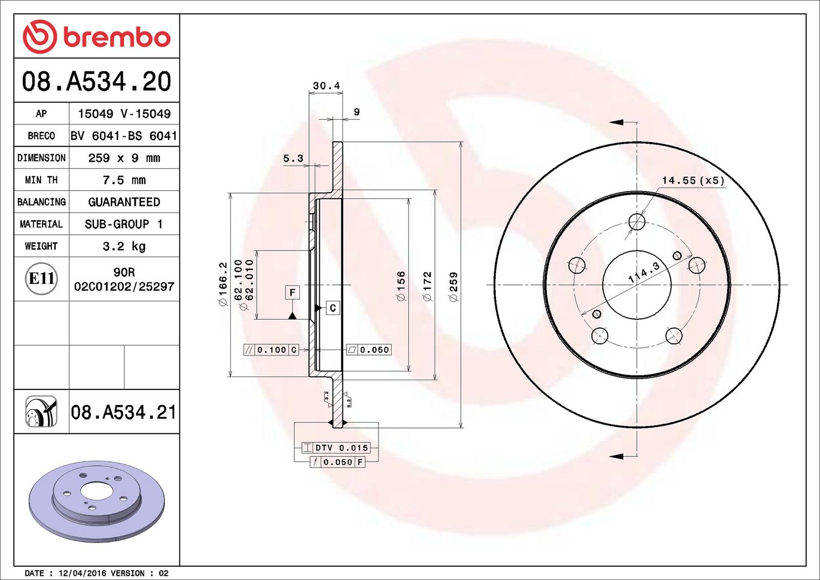 BREMBO 08.A534.21 - Bremsscheibe