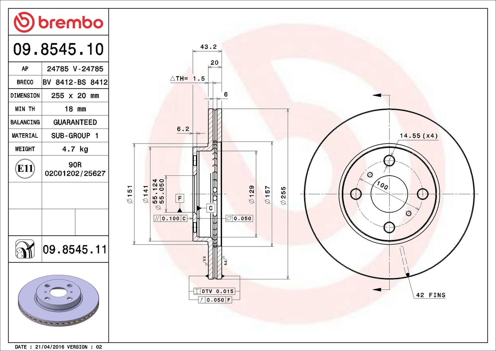 BREMBO 09.8545.11 - Bremsscheibe