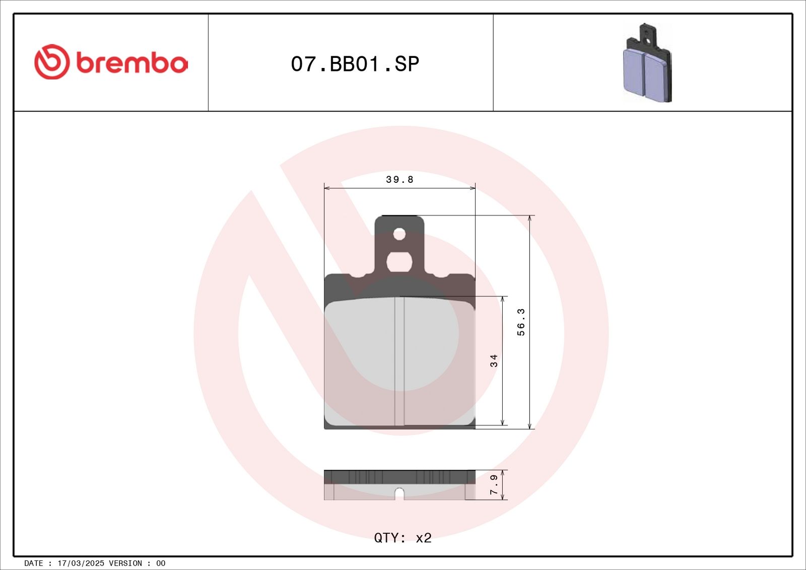 BREMBO 07BB01SP - Bremsbelagsatz, Scheibenbremse