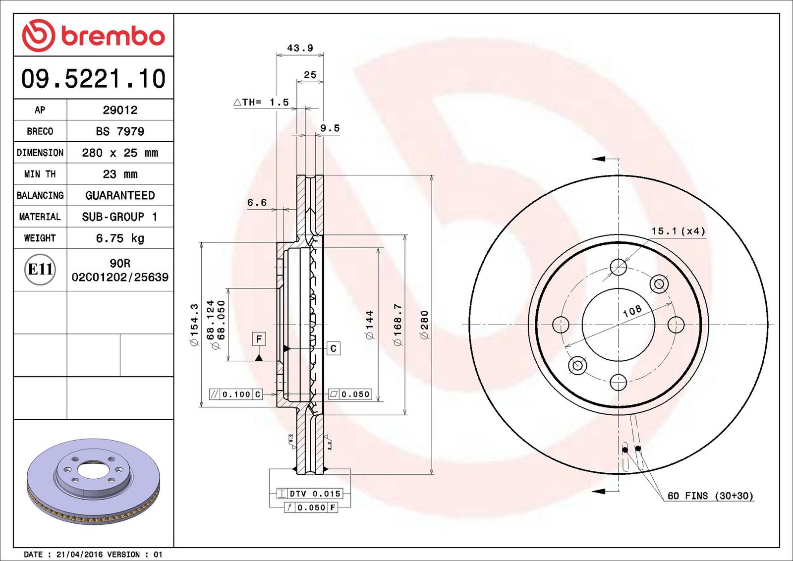 BREMBO 09.5221.10 - Bremsscheibe