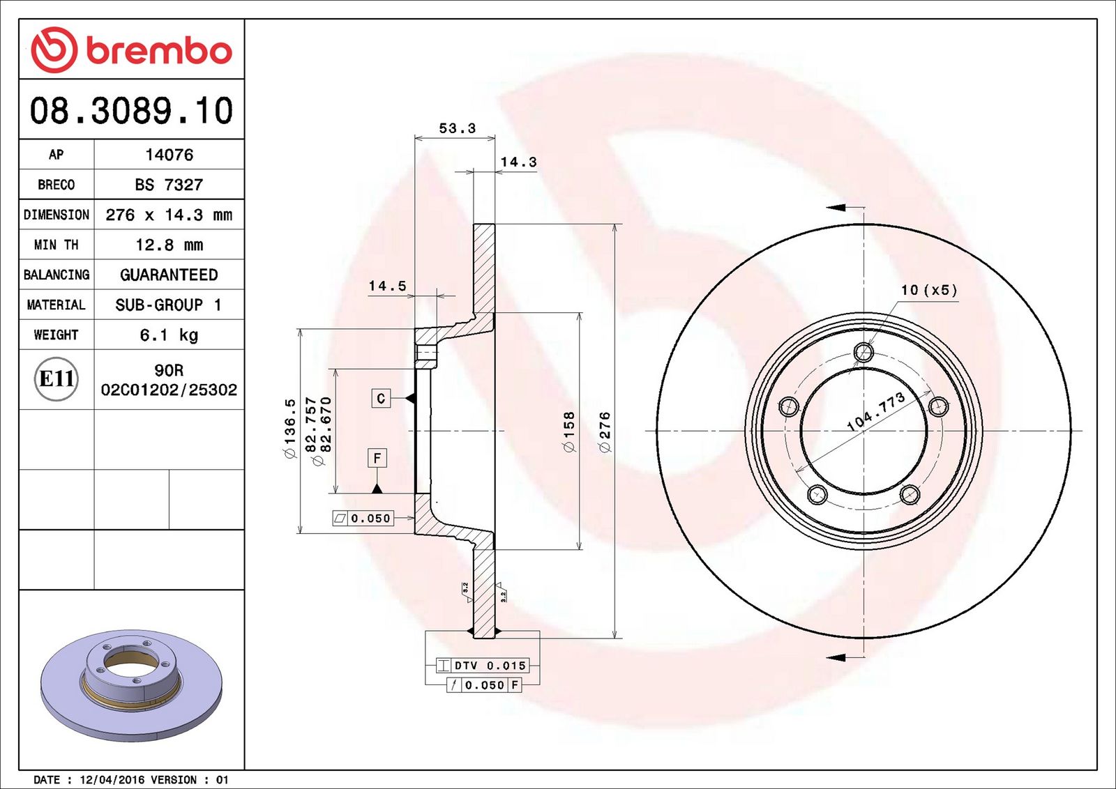 BREMBO 08.3089.10 - Bremsscheibe