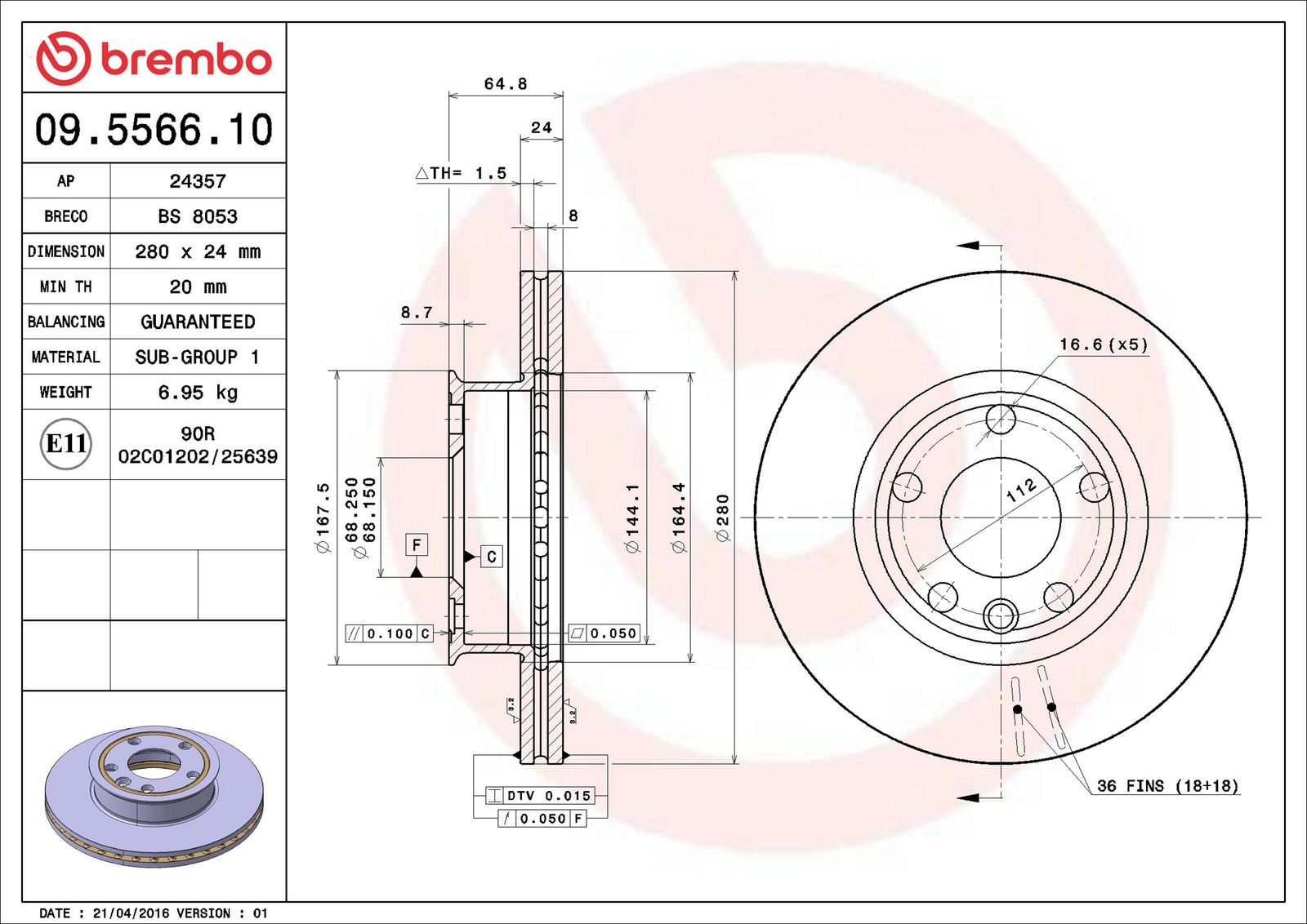 BREMBO 09.5566.10 - Bremsscheibe