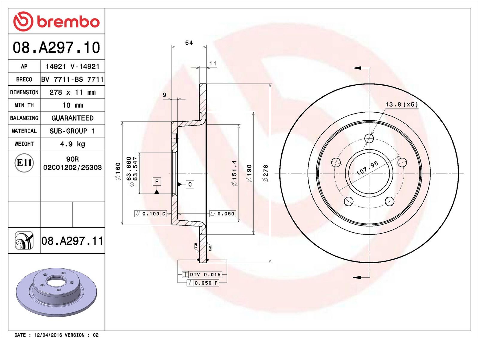 BREMBO 08.A297.11 - Bremsscheibe