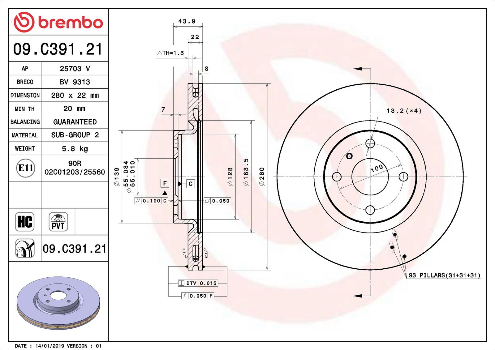 BREMBO 09.C391.21 - Bremsscheibe