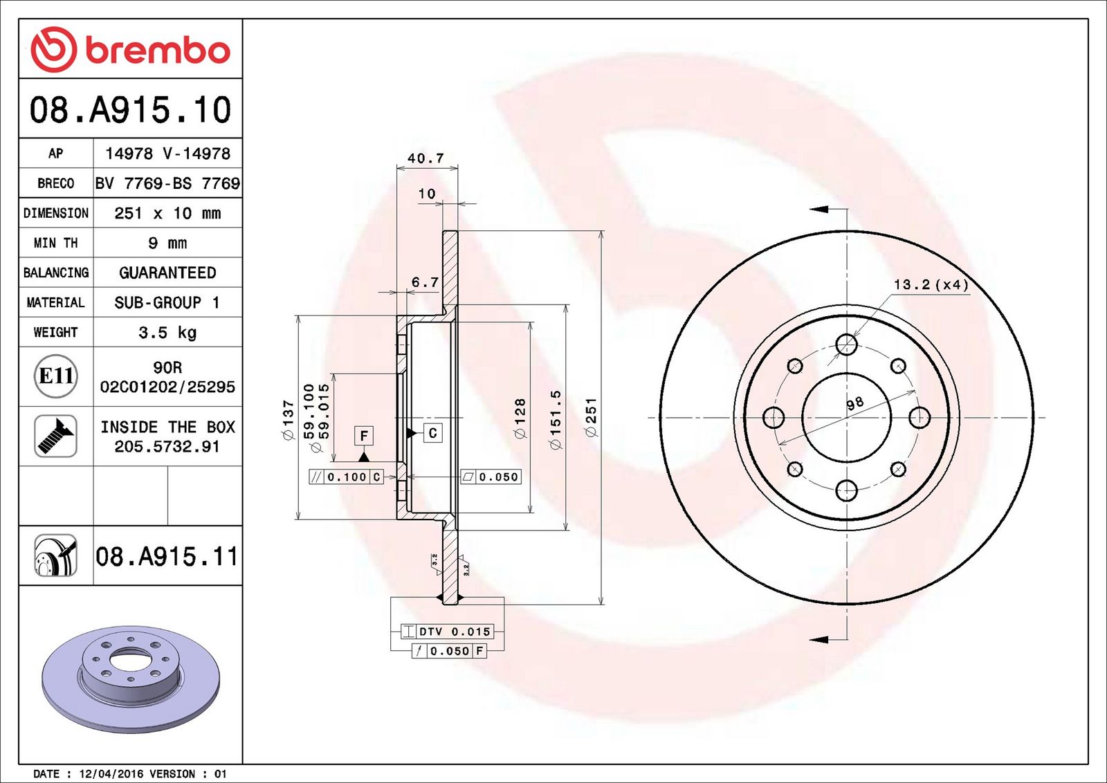 BREMBO 08.A915.11 - Bremsscheibe