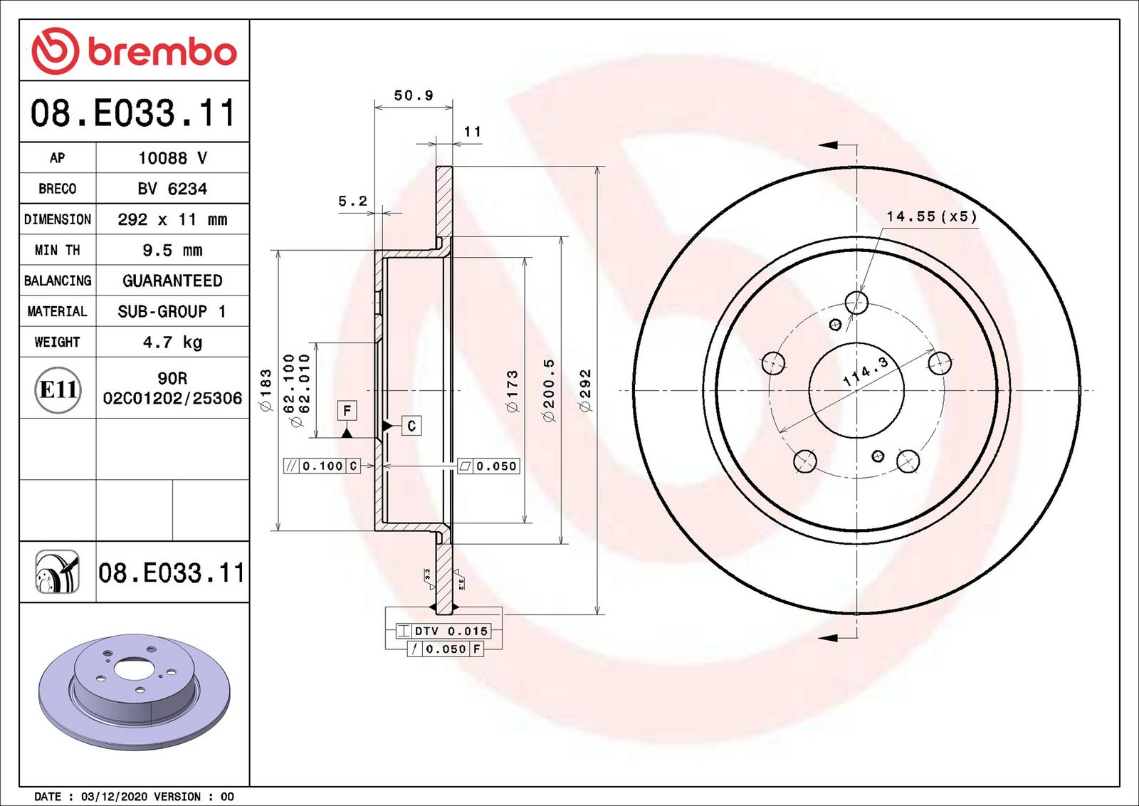 BREMBO 08.E033.11 - Bremsscheibe