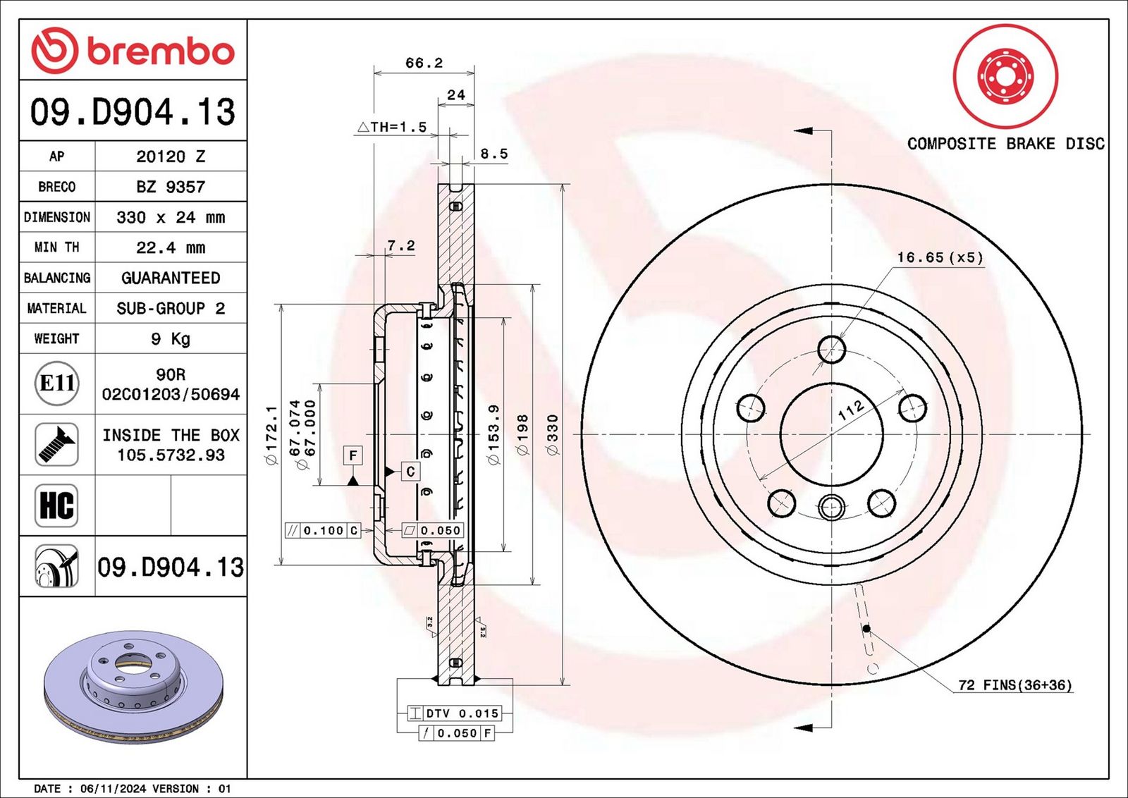 BREMBO 09.D904.13 - Bremsscheibe