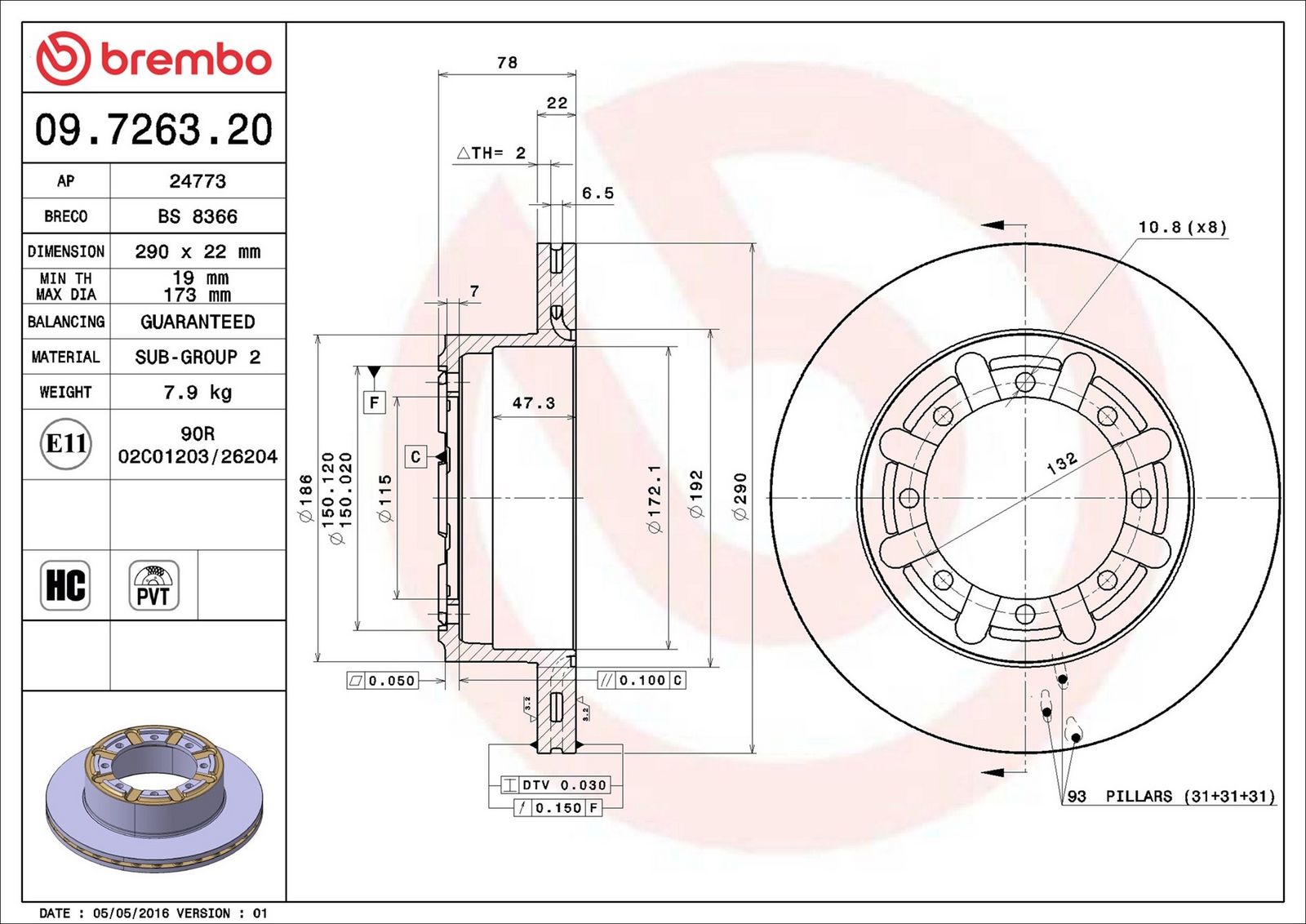 BREMBO 09.7263.20 - Bremsscheibe